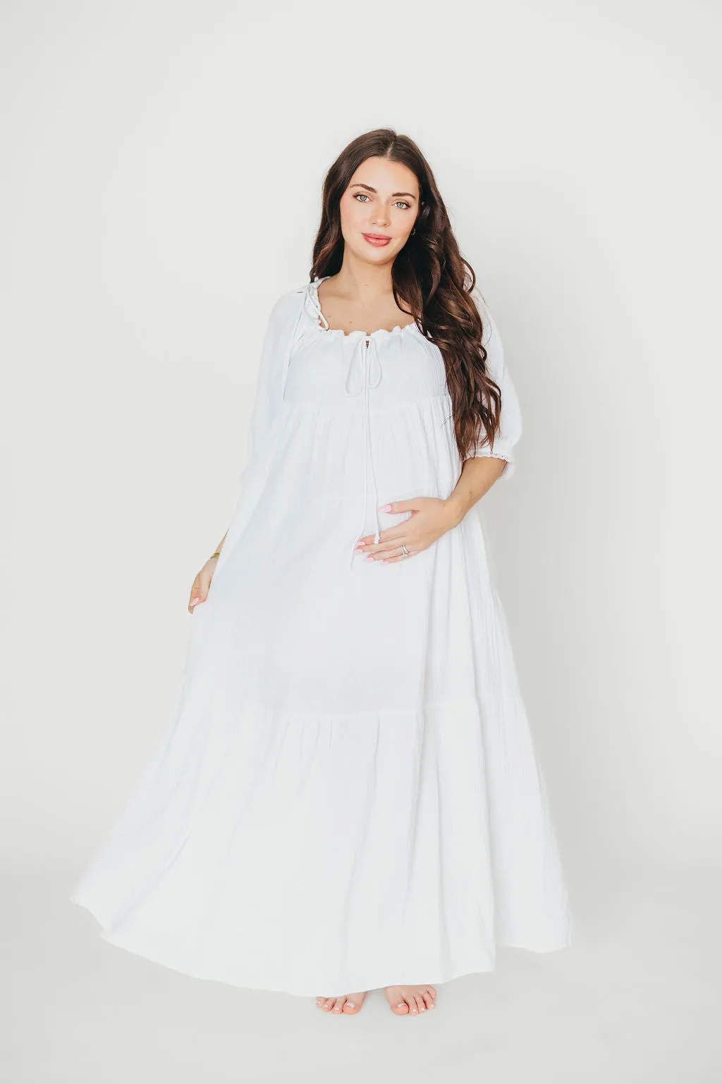 Goddess 100% Cotton Babydoll Maxi Dress in White - Bump Friendly