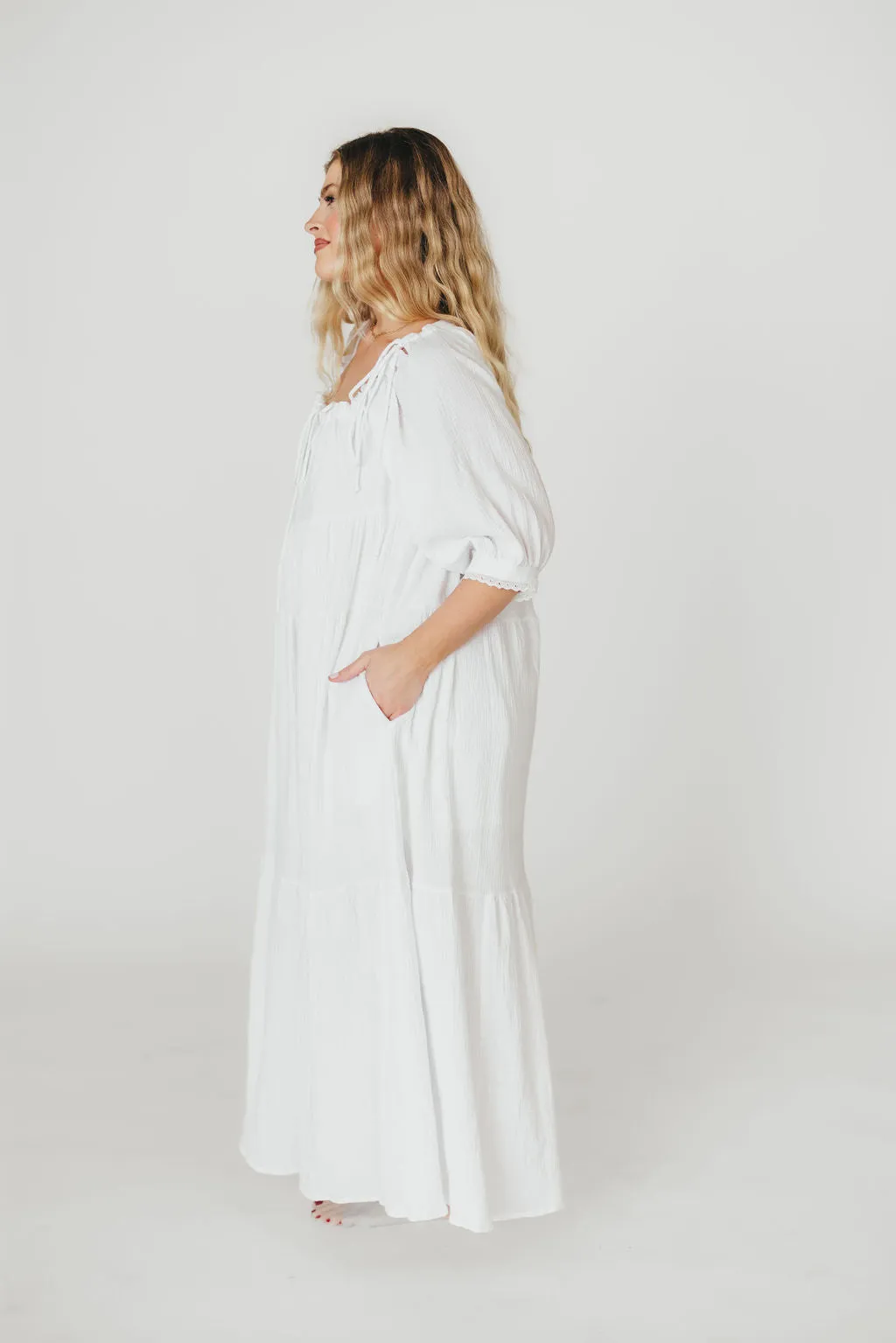 Goddess 100% Cotton Babydoll Maxi Dress in White - Bump Friendly