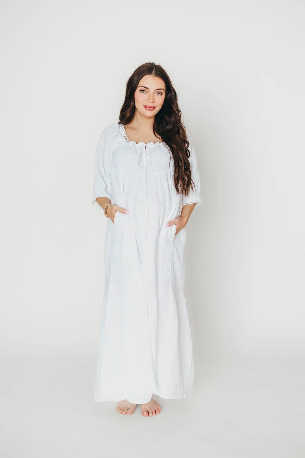 Goddess 100% Cotton Babydoll Maxi Dress in White - Bump Friendly