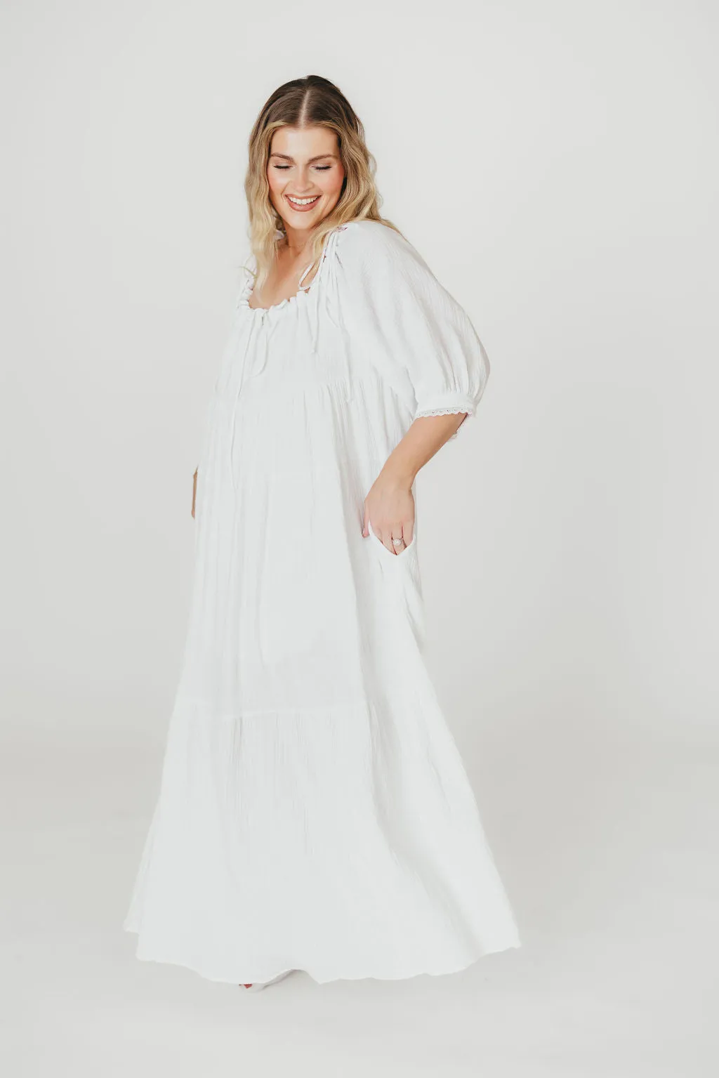 Goddess 100% Cotton Babydoll Maxi Dress in White - Bump Friendly