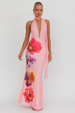Italia Azure Halterneck Maxi Dress Flowers Pink