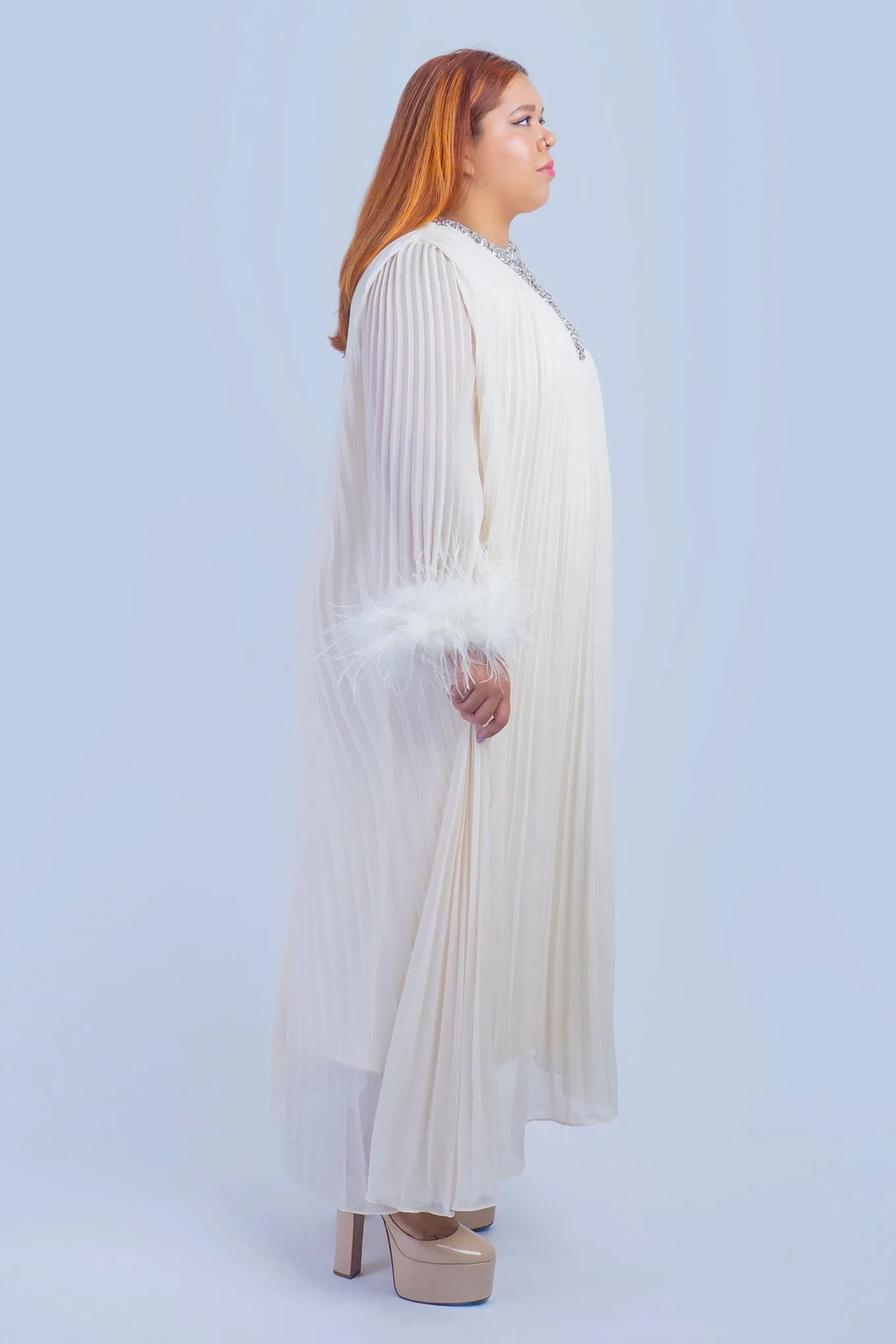 Ivory Pleated Rhinestone Caftan Dress