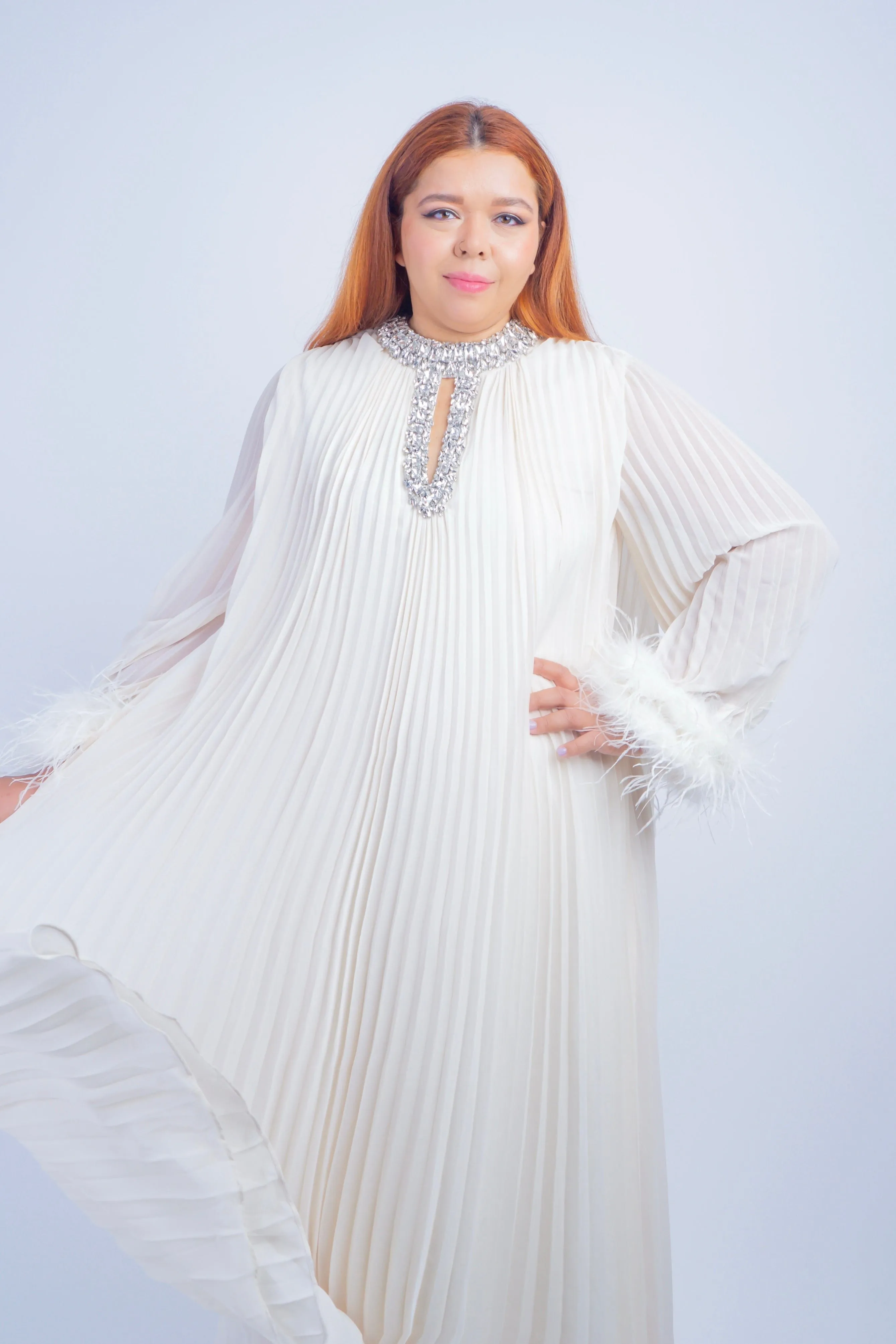 Ivory Pleated Rhinestone Caftan Dress