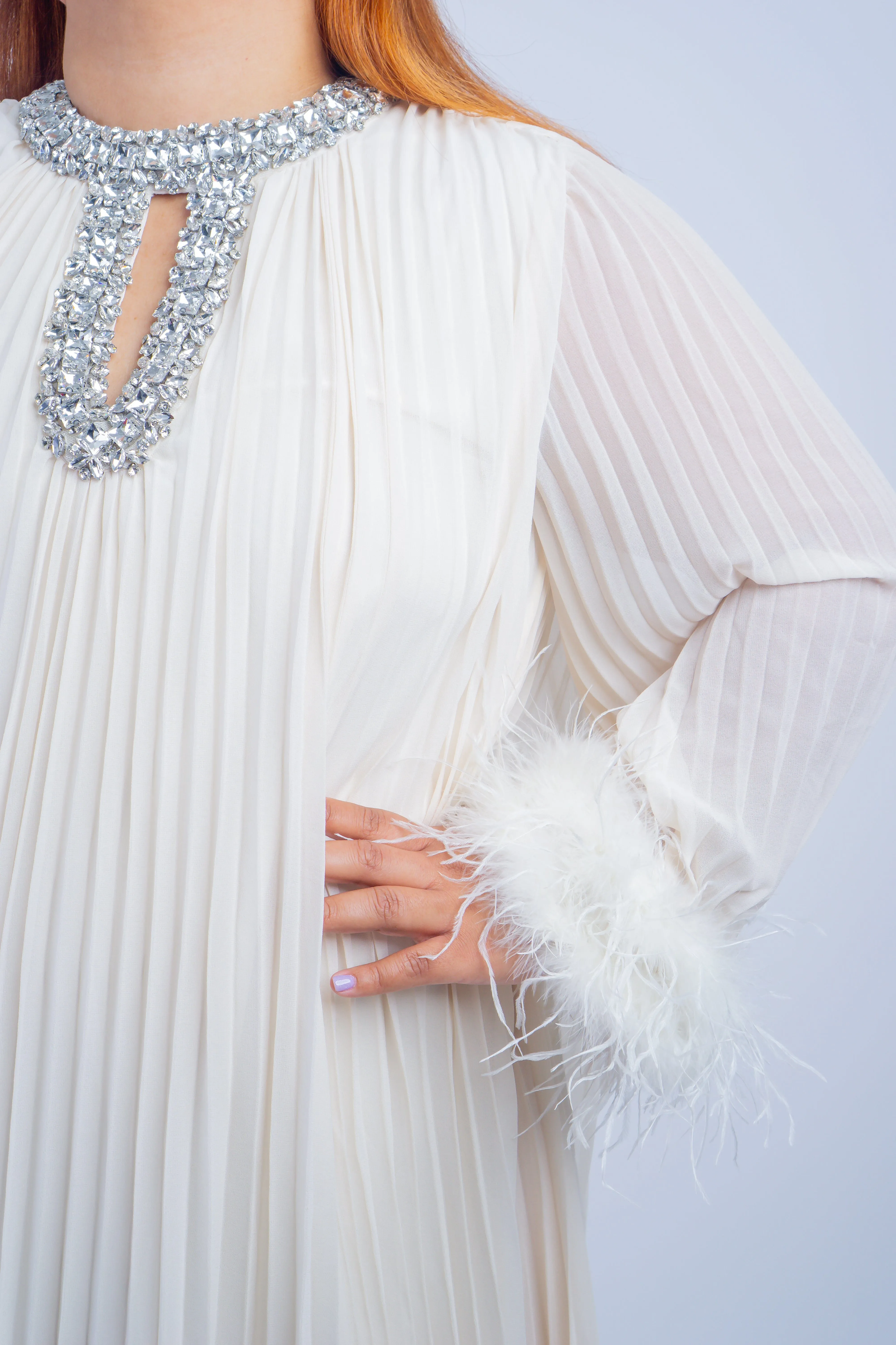 Ivory Pleated Rhinestone Caftan Dress