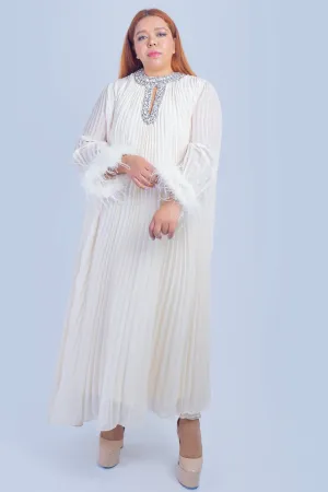 Ivory Pleated Rhinestone Caftan Dress