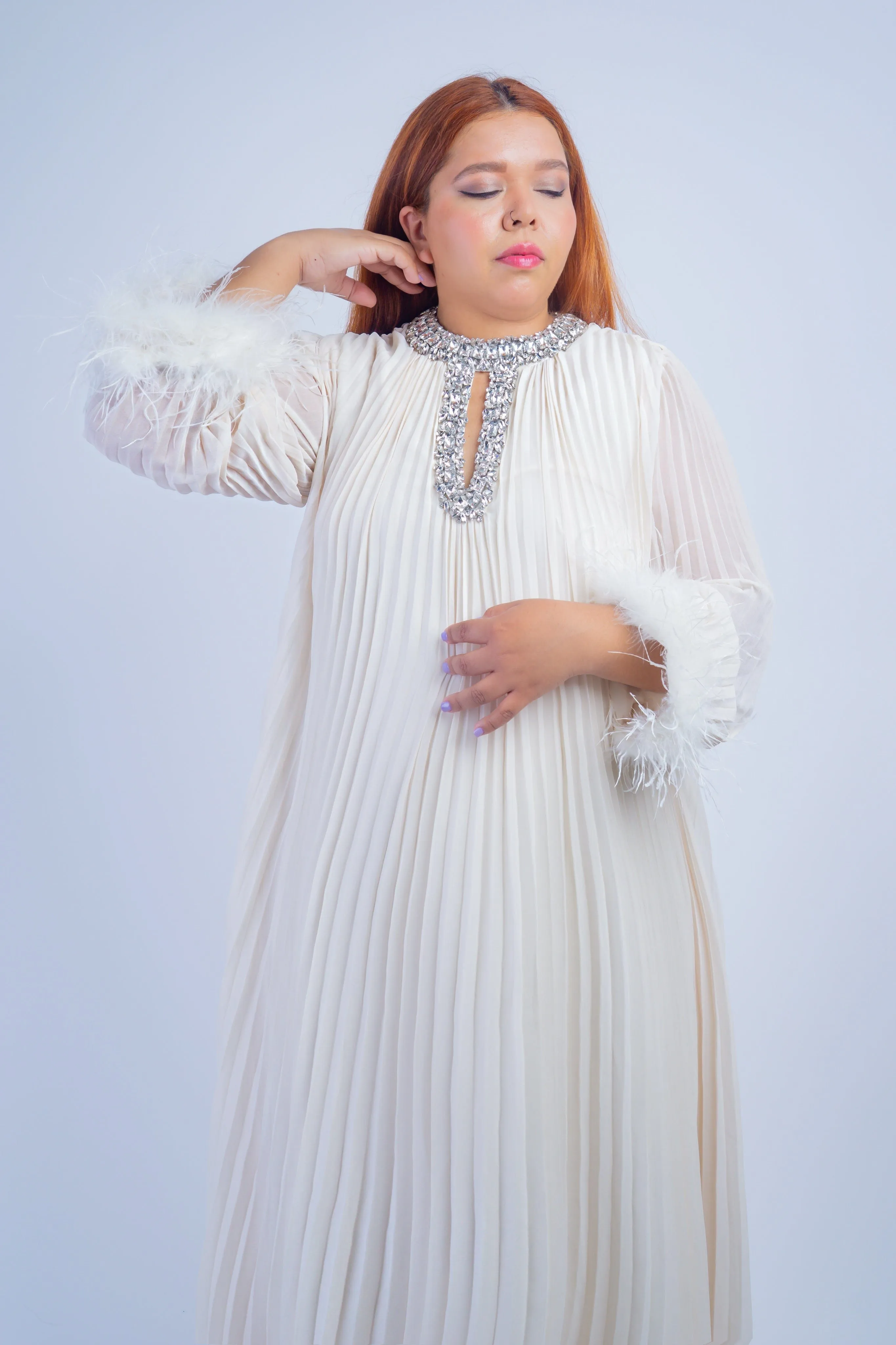 Ivory Pleated Rhinestone Caftan Dress