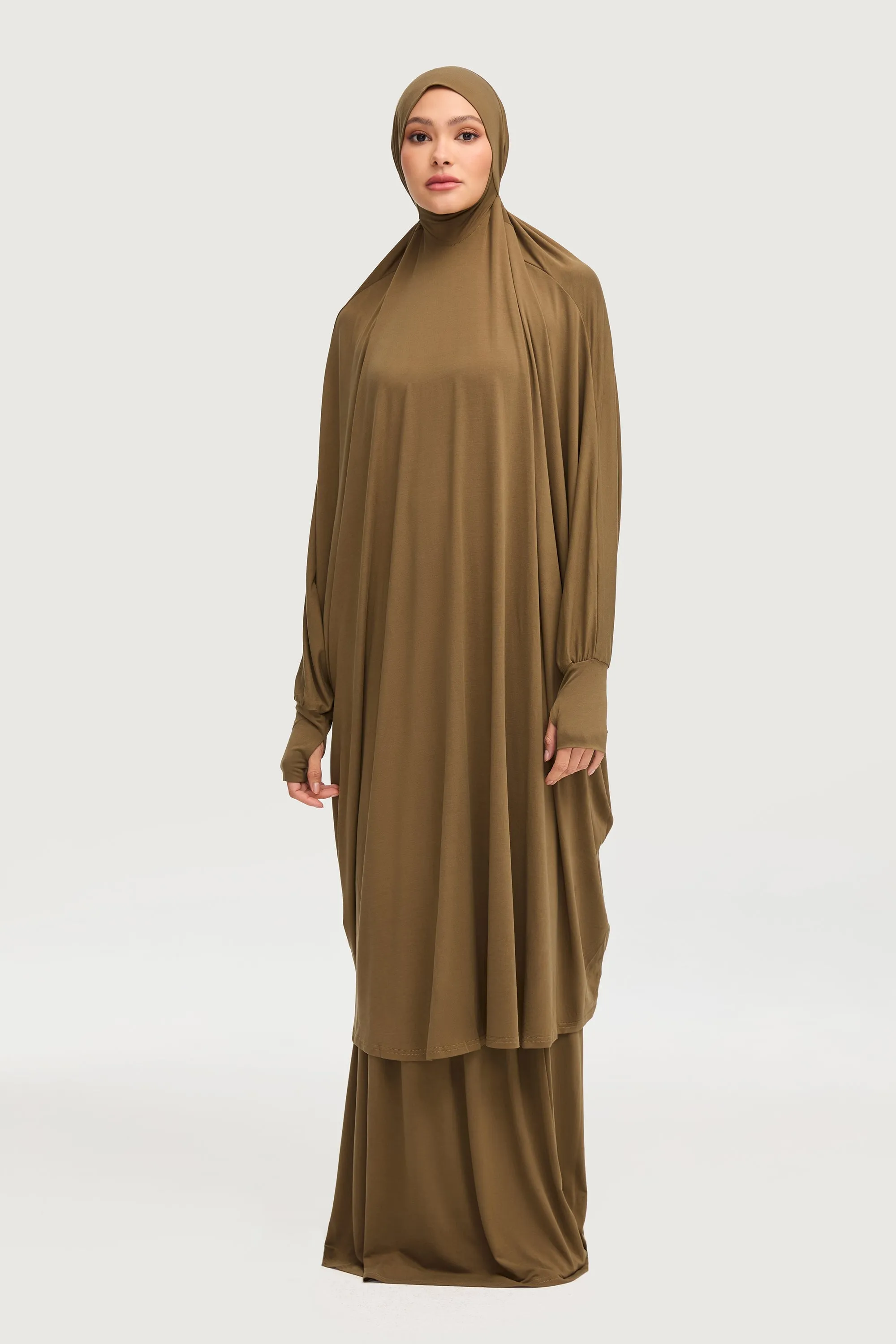 Jersey Cupro Prayer Jilbab & Skirt Set - Olive