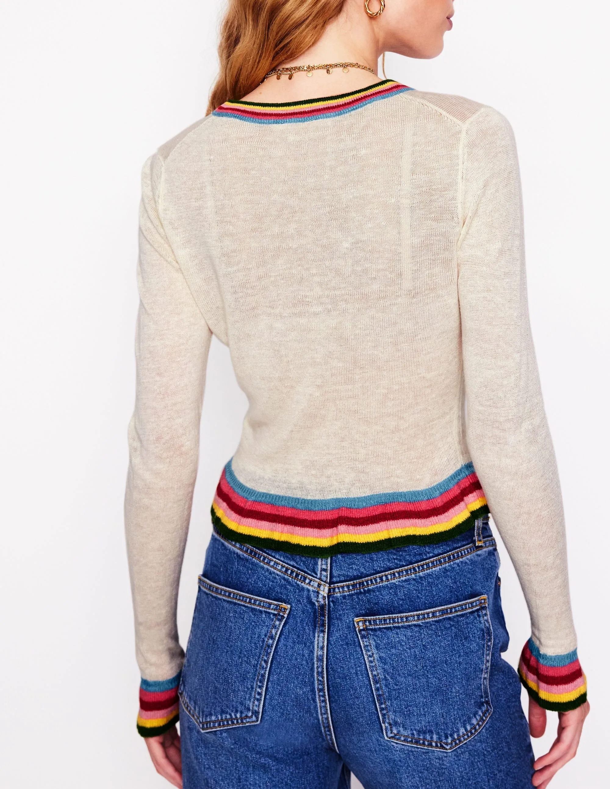Josie Cropped Linen Cardigan-Warm Ivory. Multi Stripe