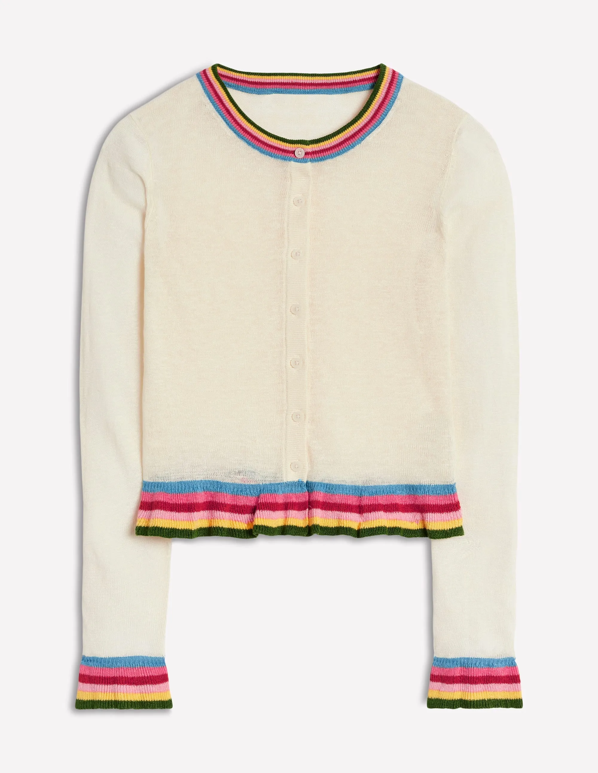 Josie Cropped Linen Cardigan-Warm Ivory. Multi Stripe