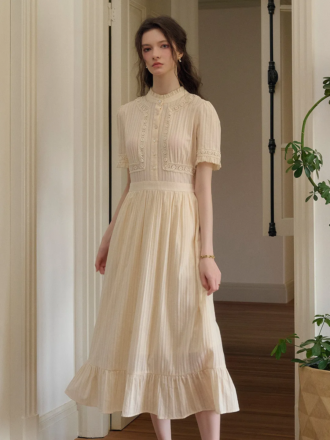 Judy Stand Collar Embroidery Cotton Dress