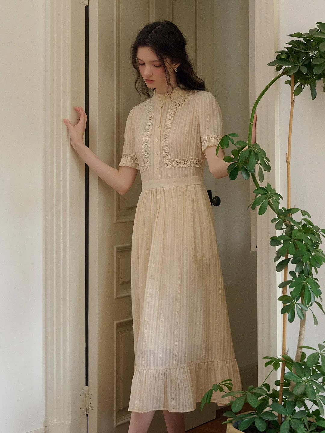 Judy Stand Collar Embroidery Cotton Dress