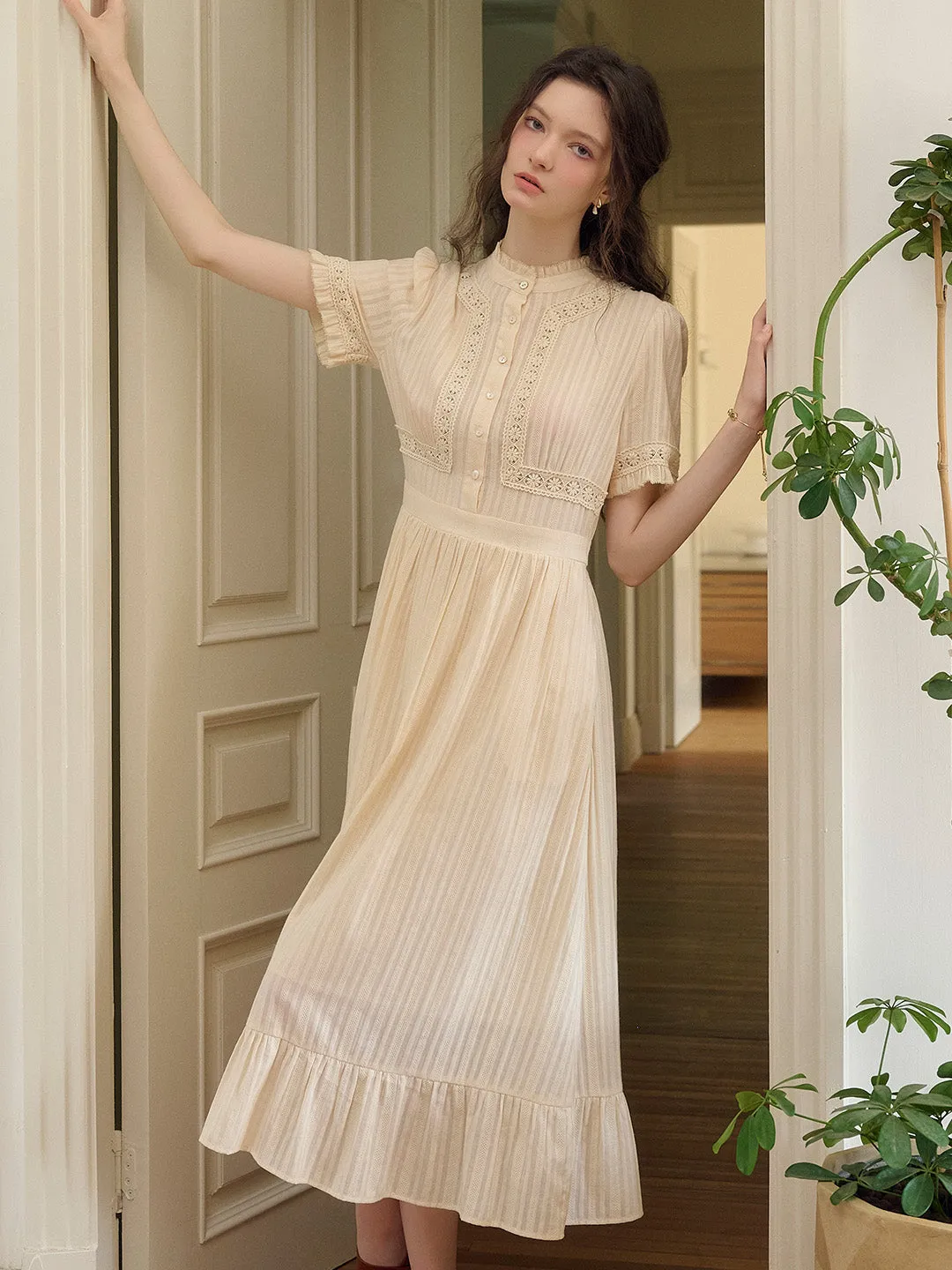 Judy Stand Collar Embroidery Cotton Dress