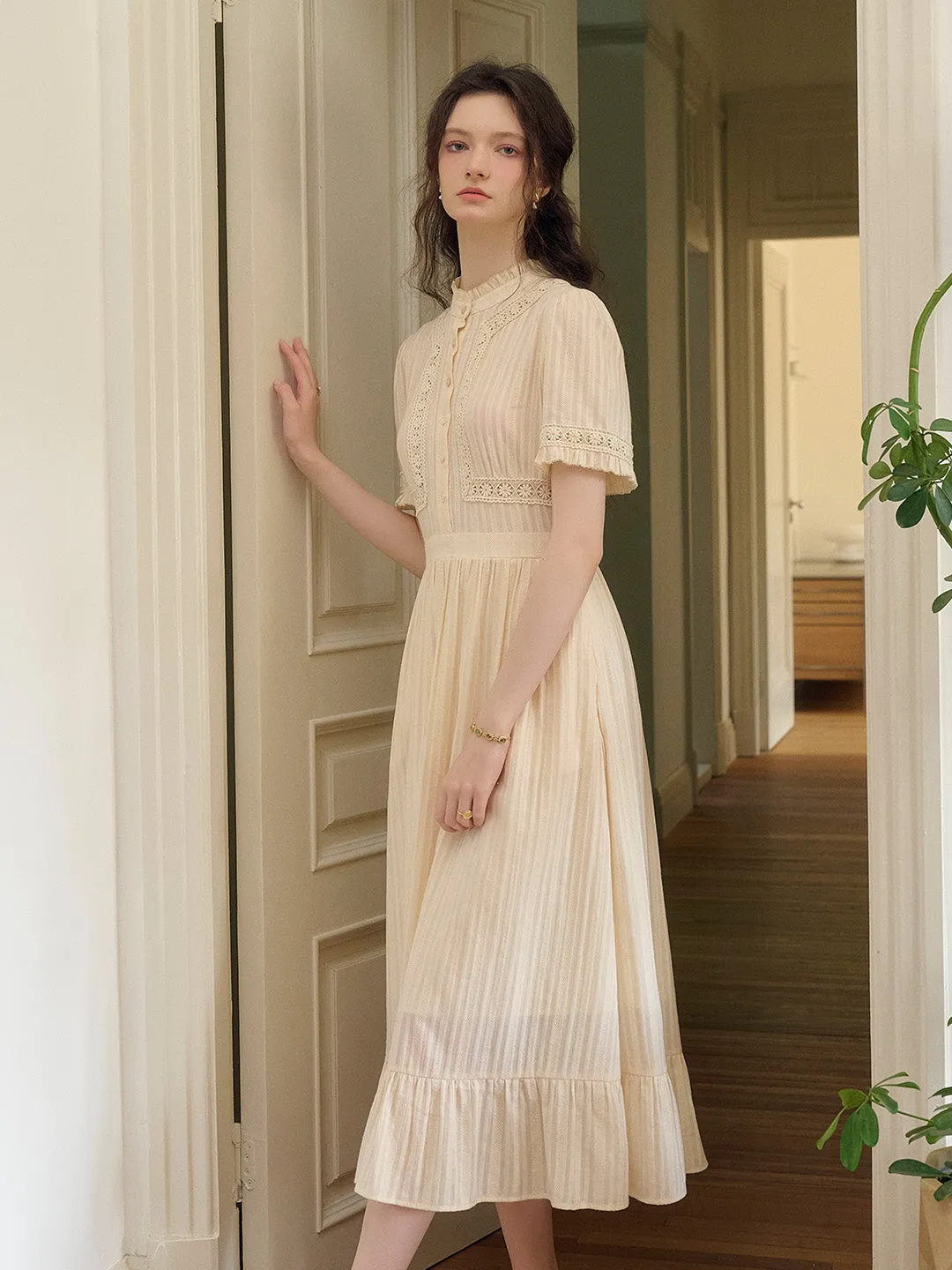 Judy Stand Collar Embroidery Cotton Dress