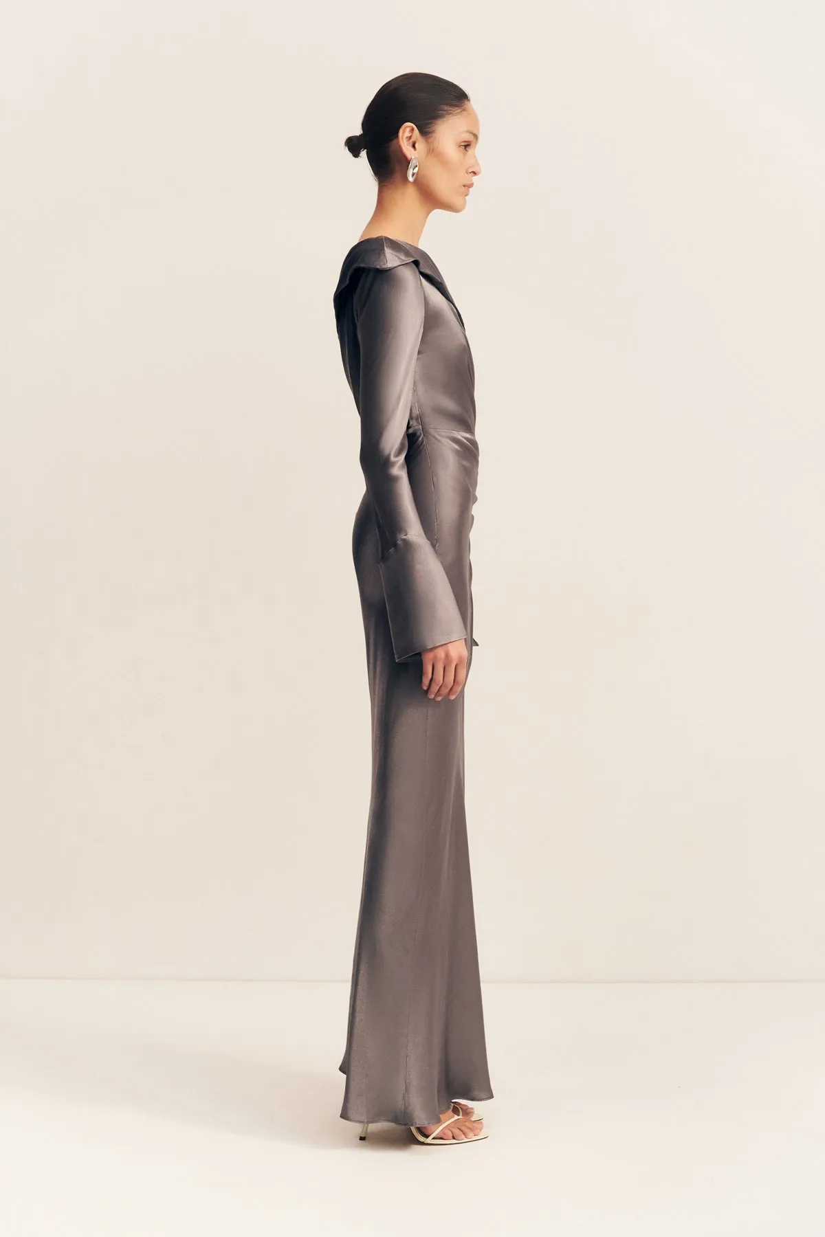 LA LUNE LONG SLEEVE GATHERED MAXI DRESS - GRAPHITE