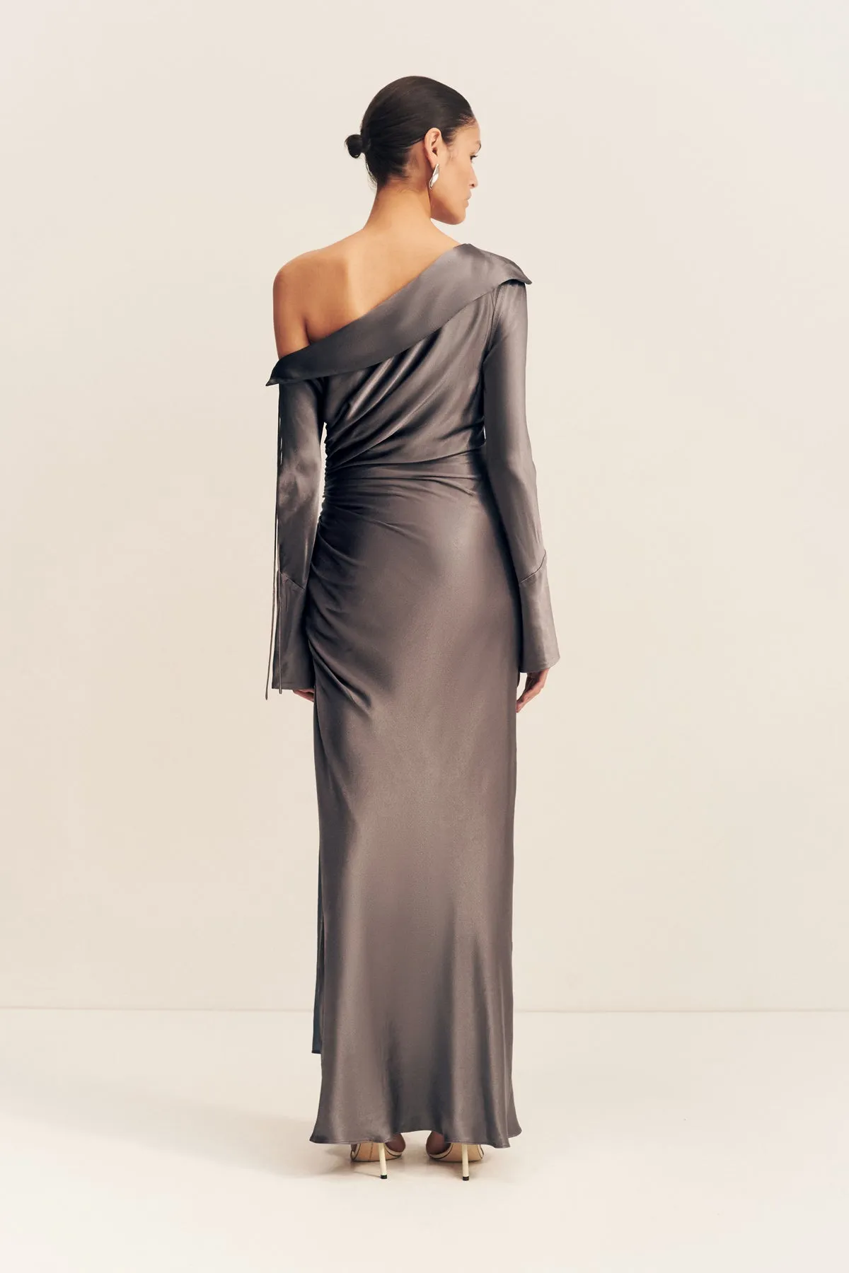 LA LUNE LONG SLEEVE GATHERED MAXI DRESS - GRAPHITE