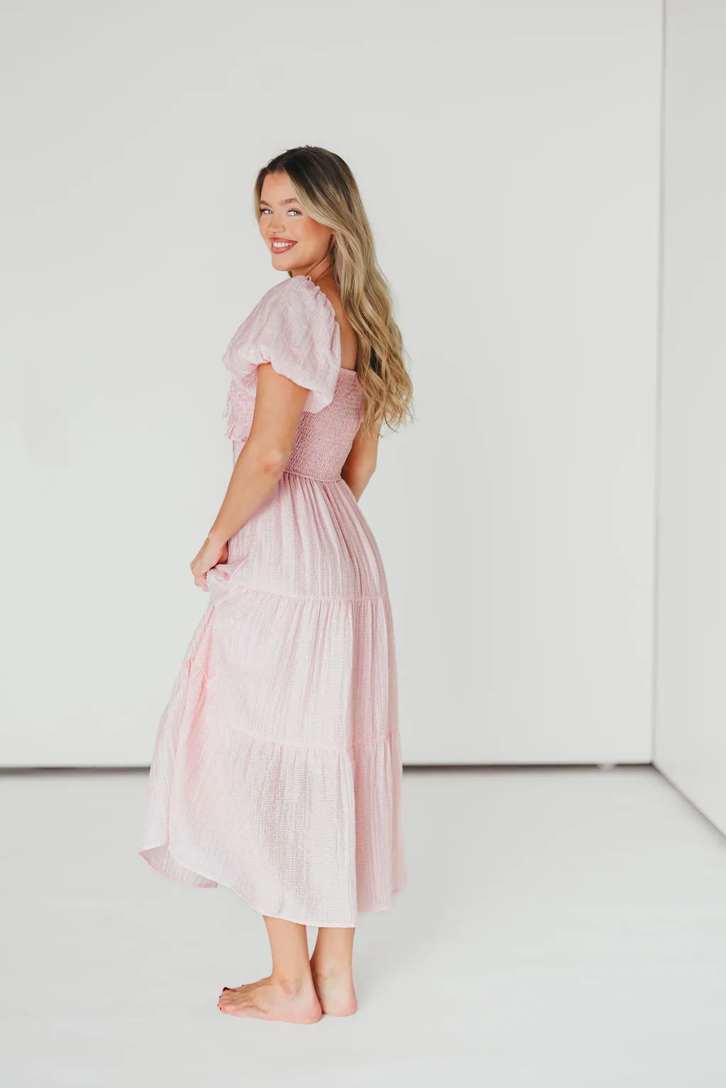 Lainey Ruffle Midi Dress in Light Pink