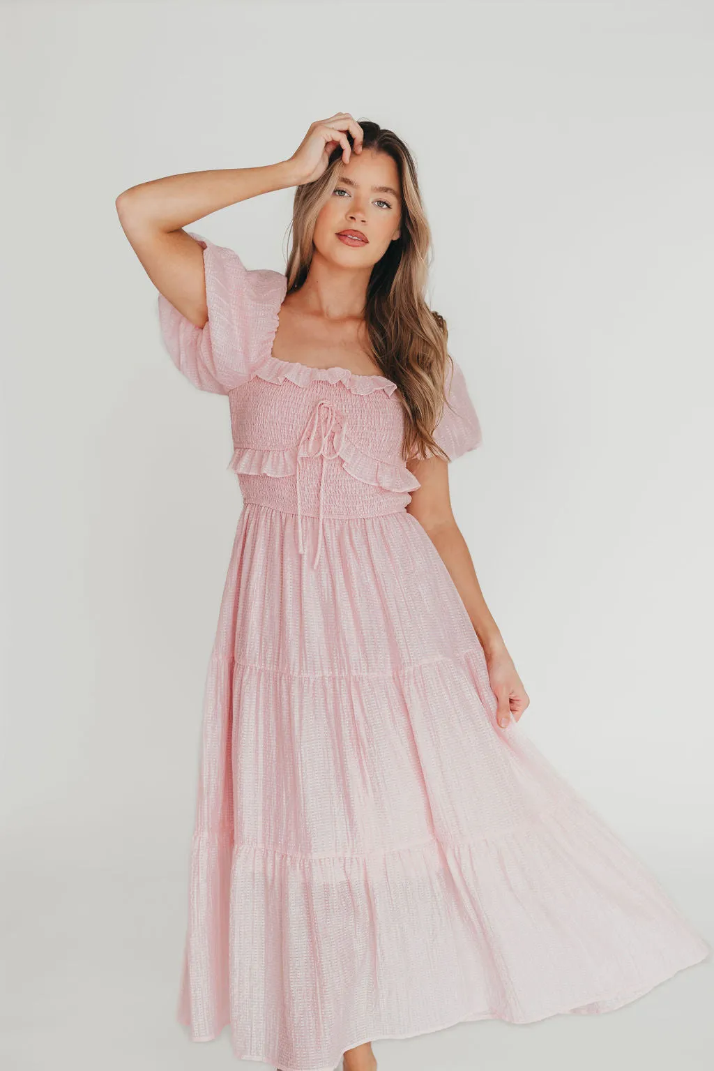 Lainey Ruffle Midi Dress in Light Pink