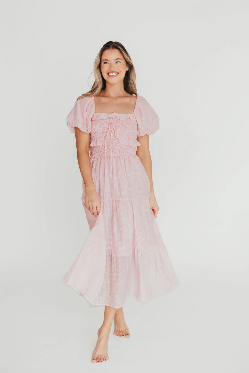 Lainey Ruffle Midi Dress in Light Pink
