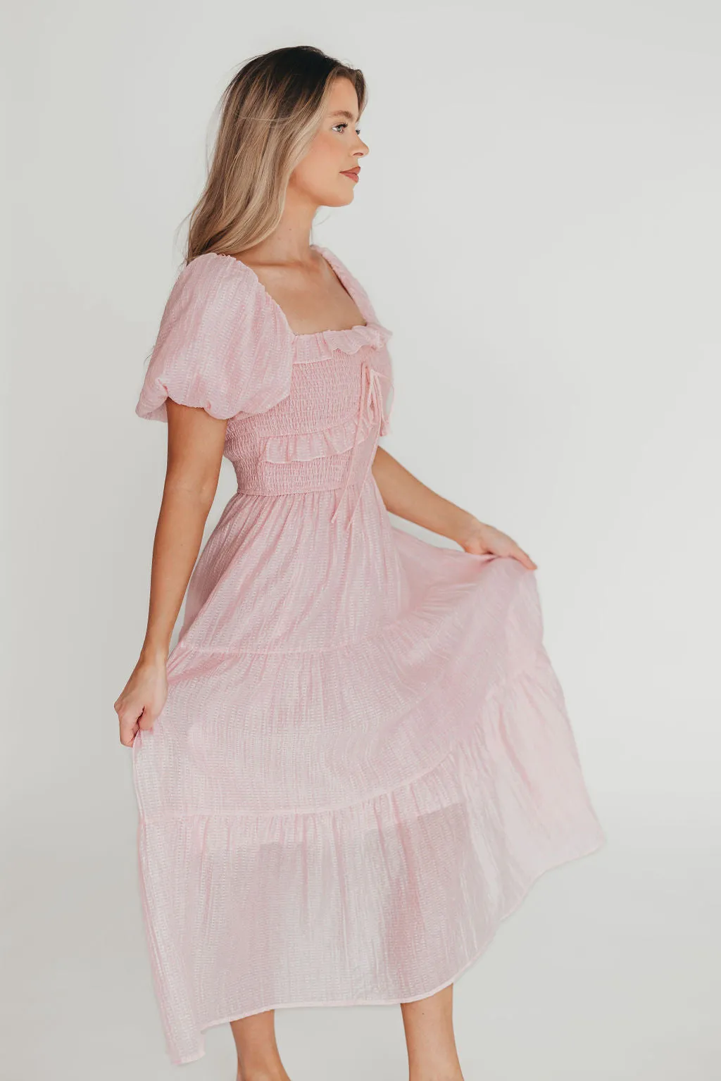 Lainey Ruffle Midi Dress in Light Pink