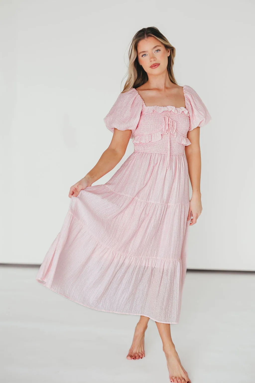 Lainey Ruffle Midi Dress in Light Pink