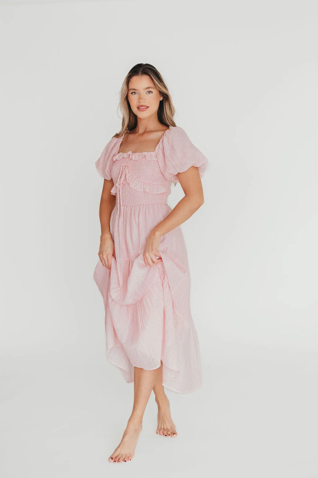 Lainey Ruffle Midi Dress in Light Pink