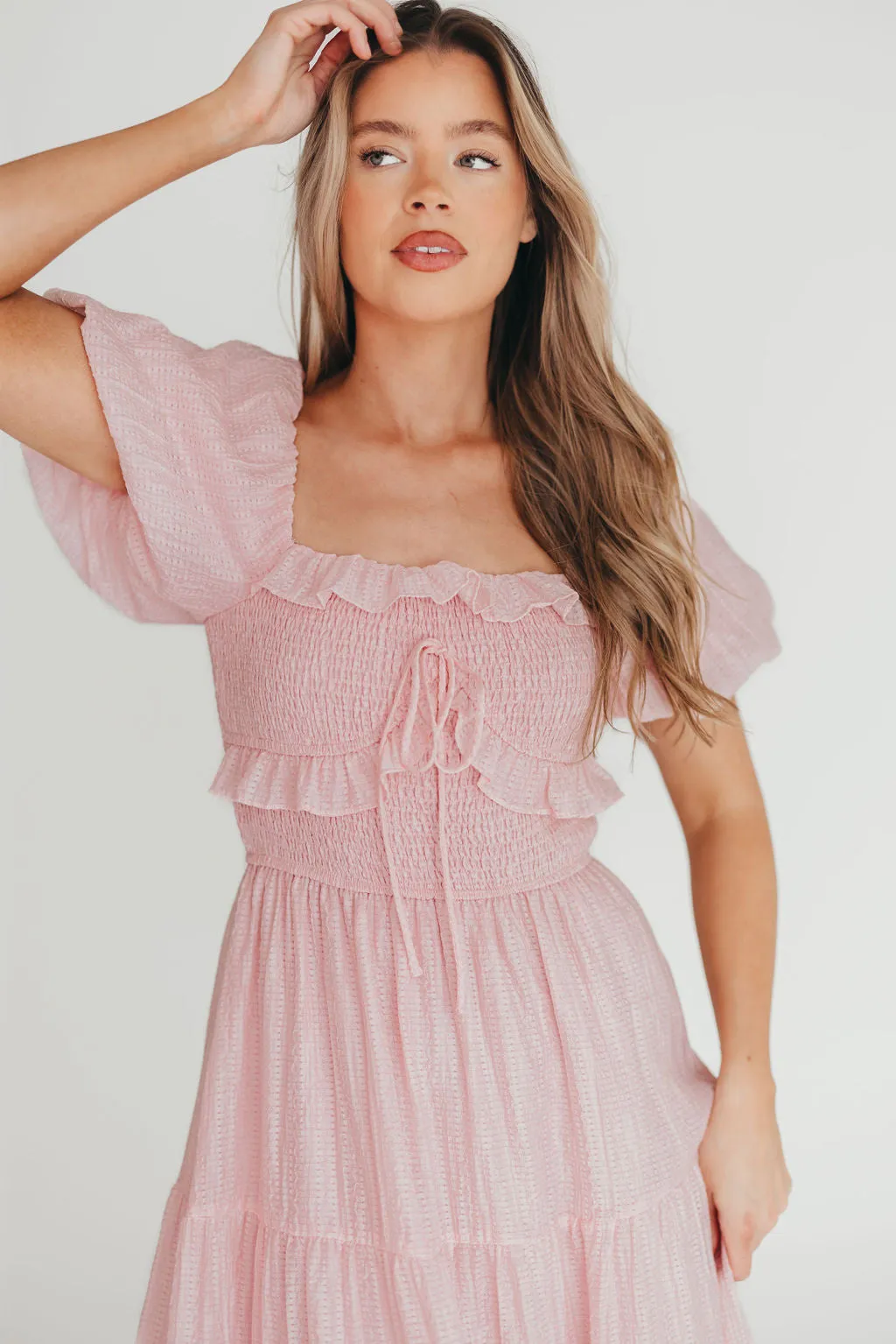 Lainey Ruffle Midi Dress in Light Pink