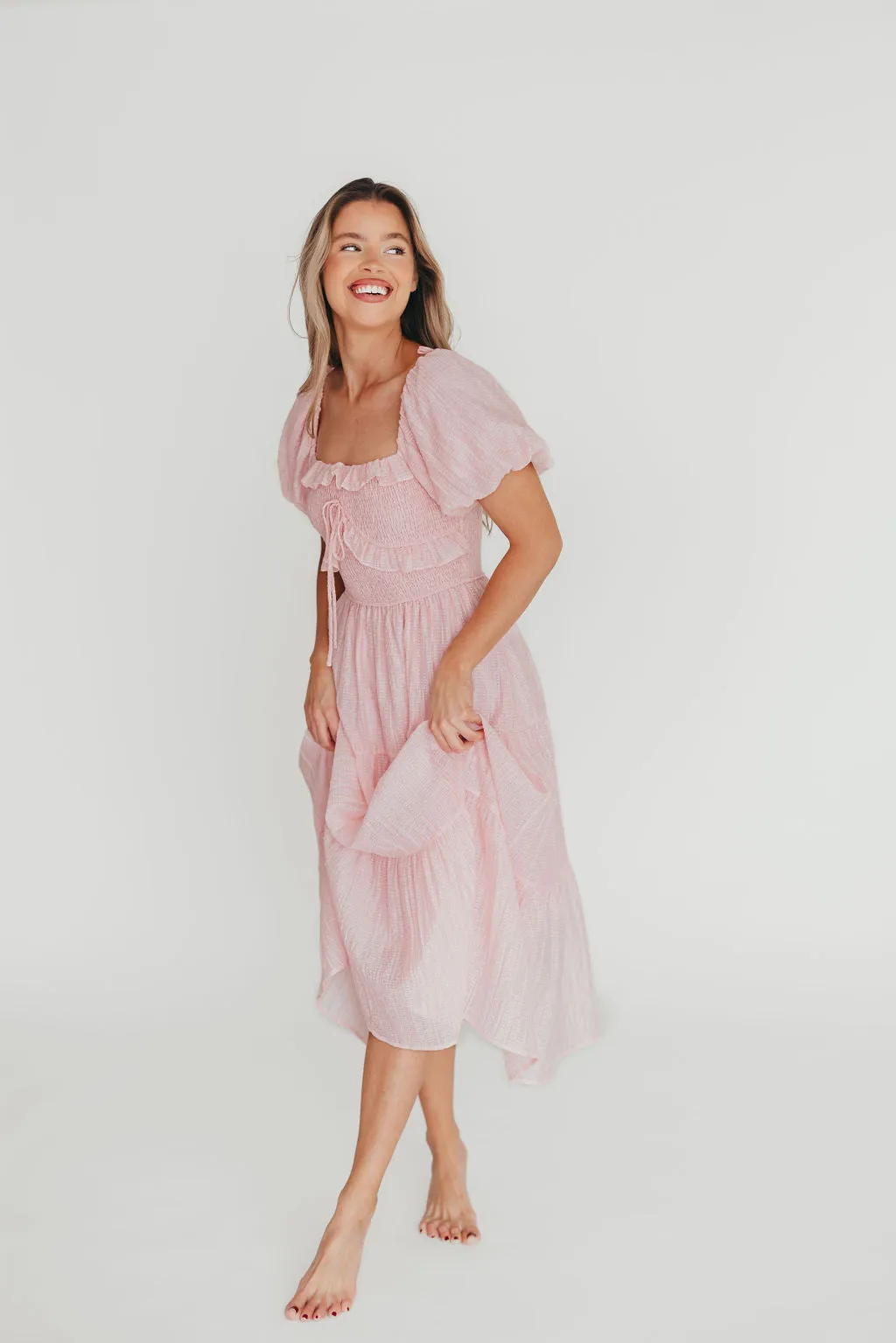 Lainey Ruffle Midi Dress in Light Pink