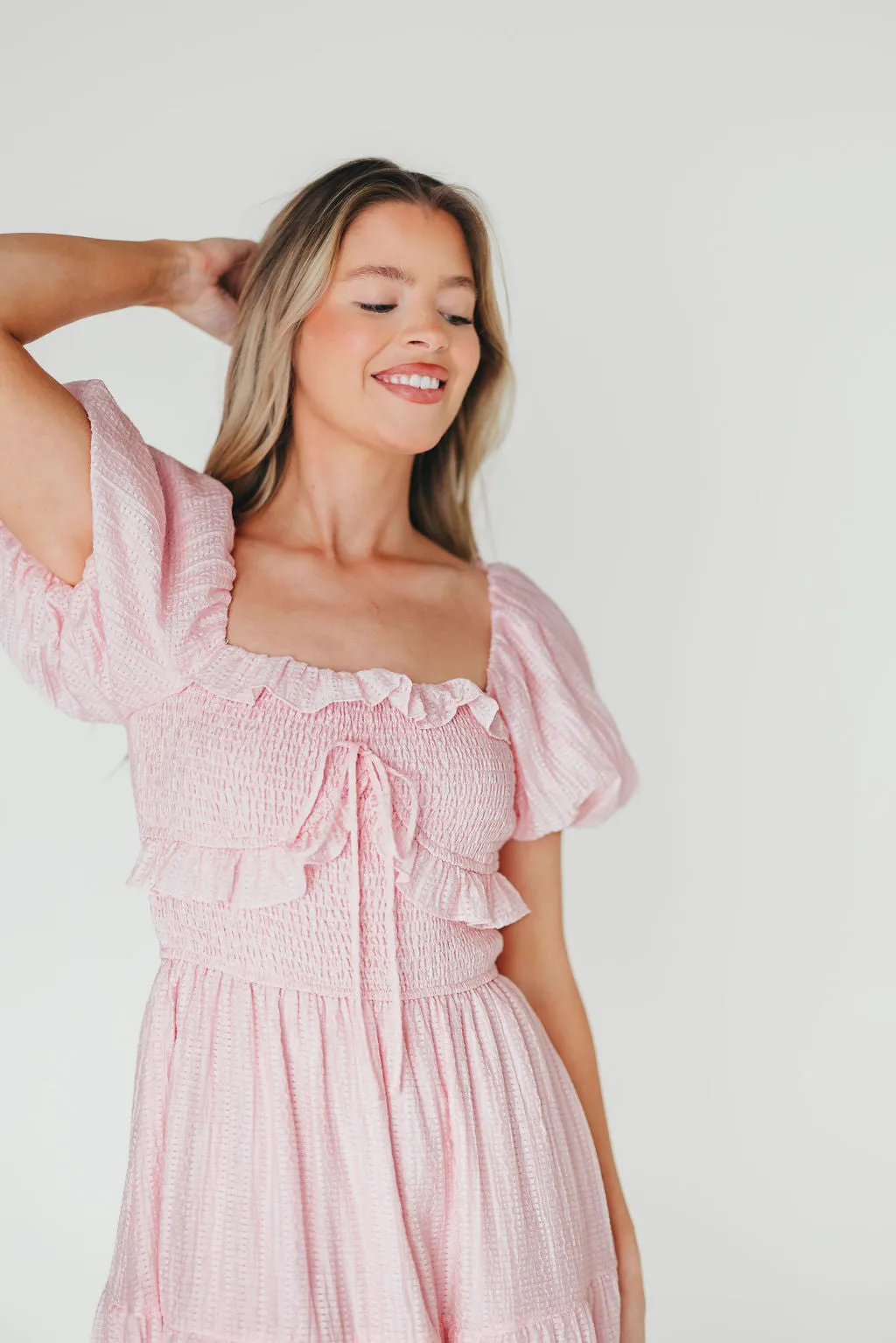 Lainey Ruffle Midi Dress in Light Pink