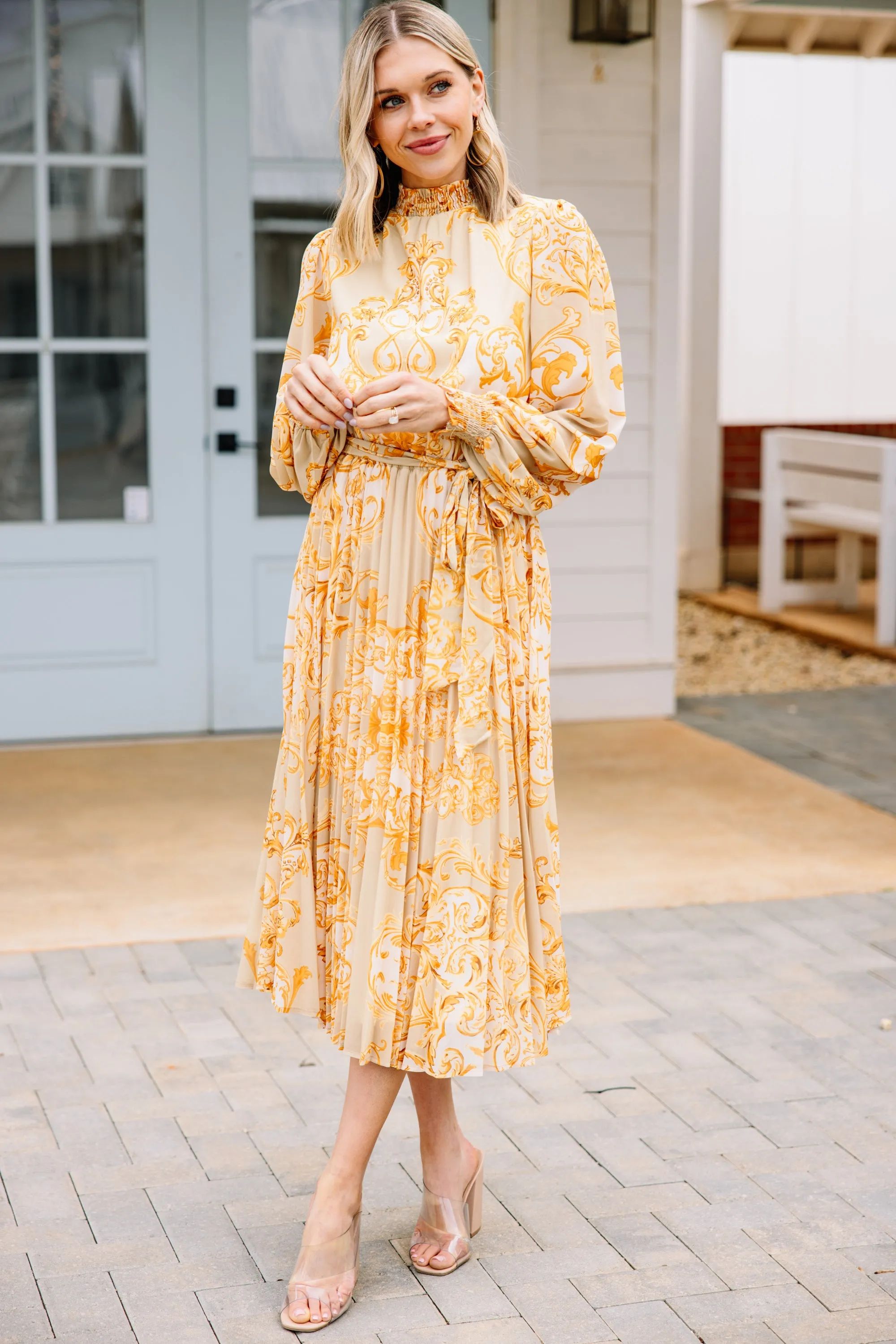 Like Royaly Taupe Brown Baroque Print Midi Dress