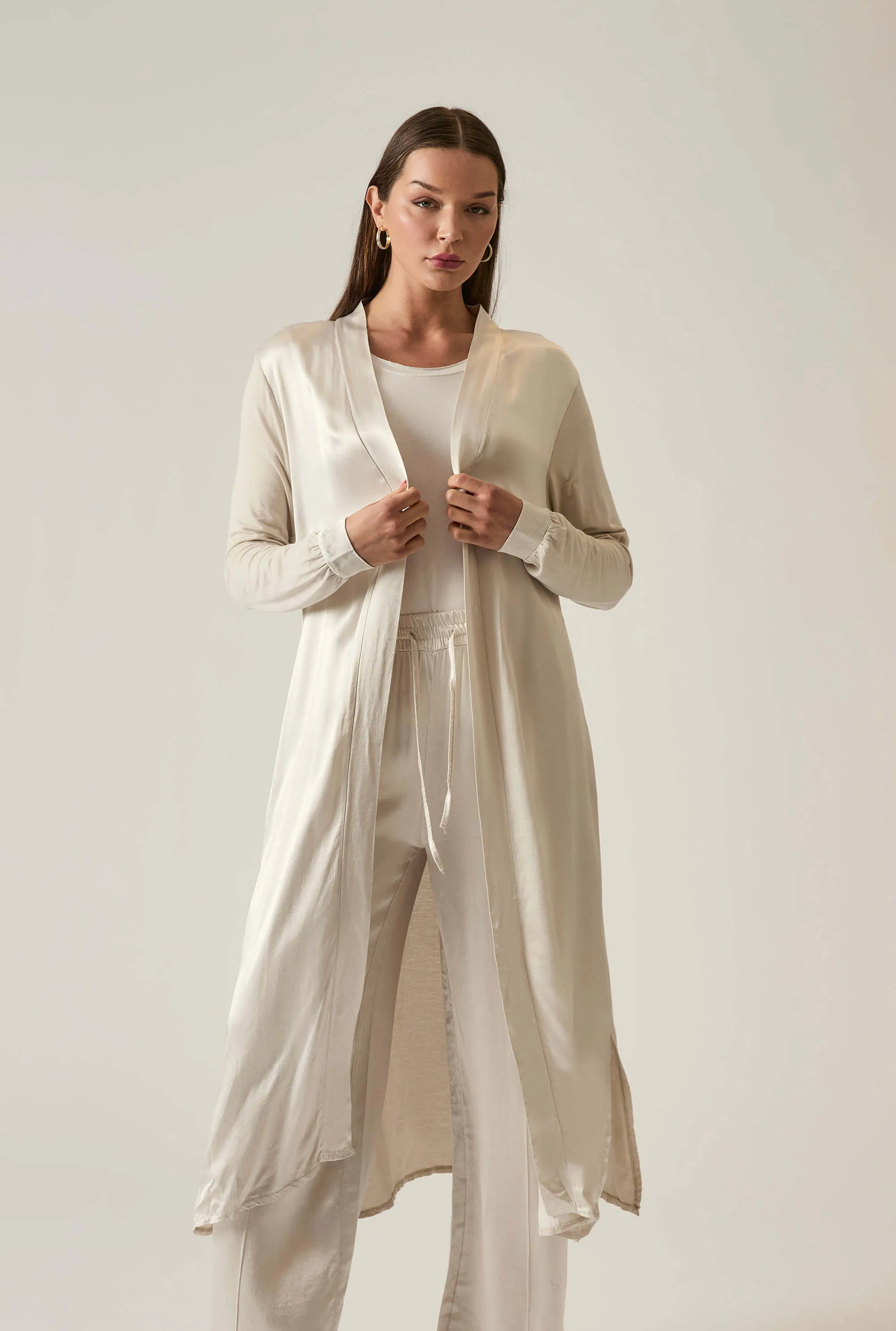 Long Satin Beige Cardigan