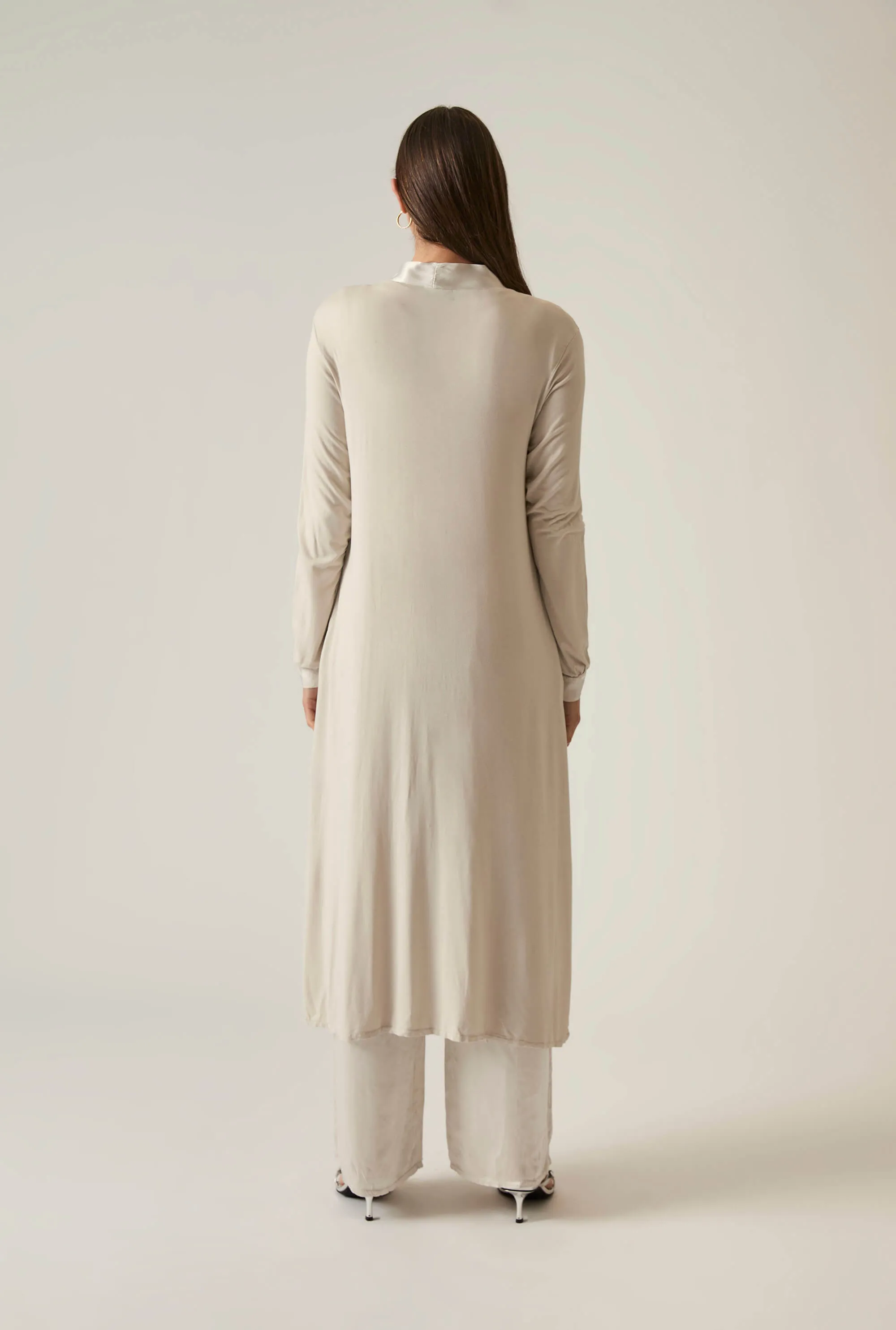 Long Satin Beige Cardigan