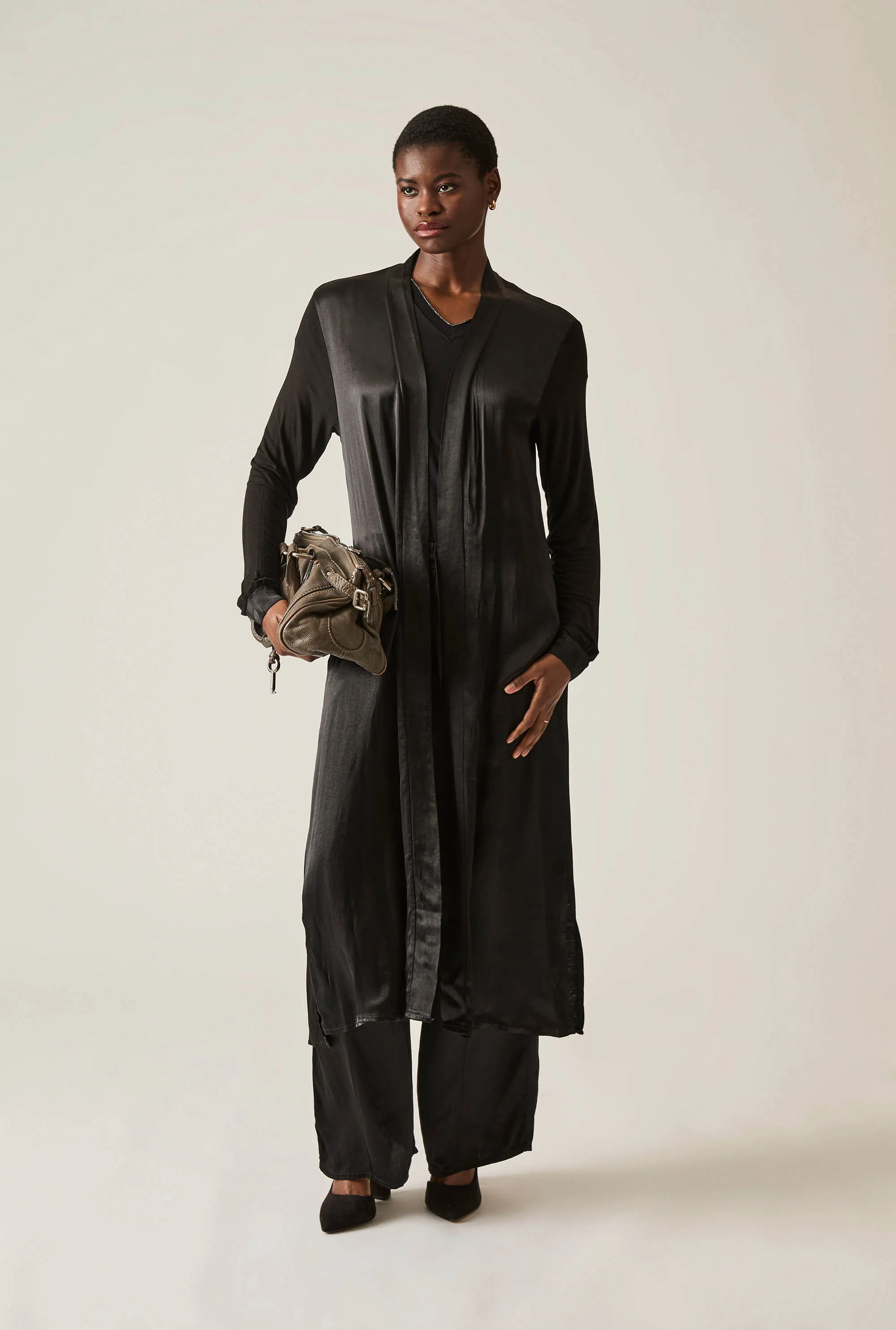 Long Satin Black Cardigan