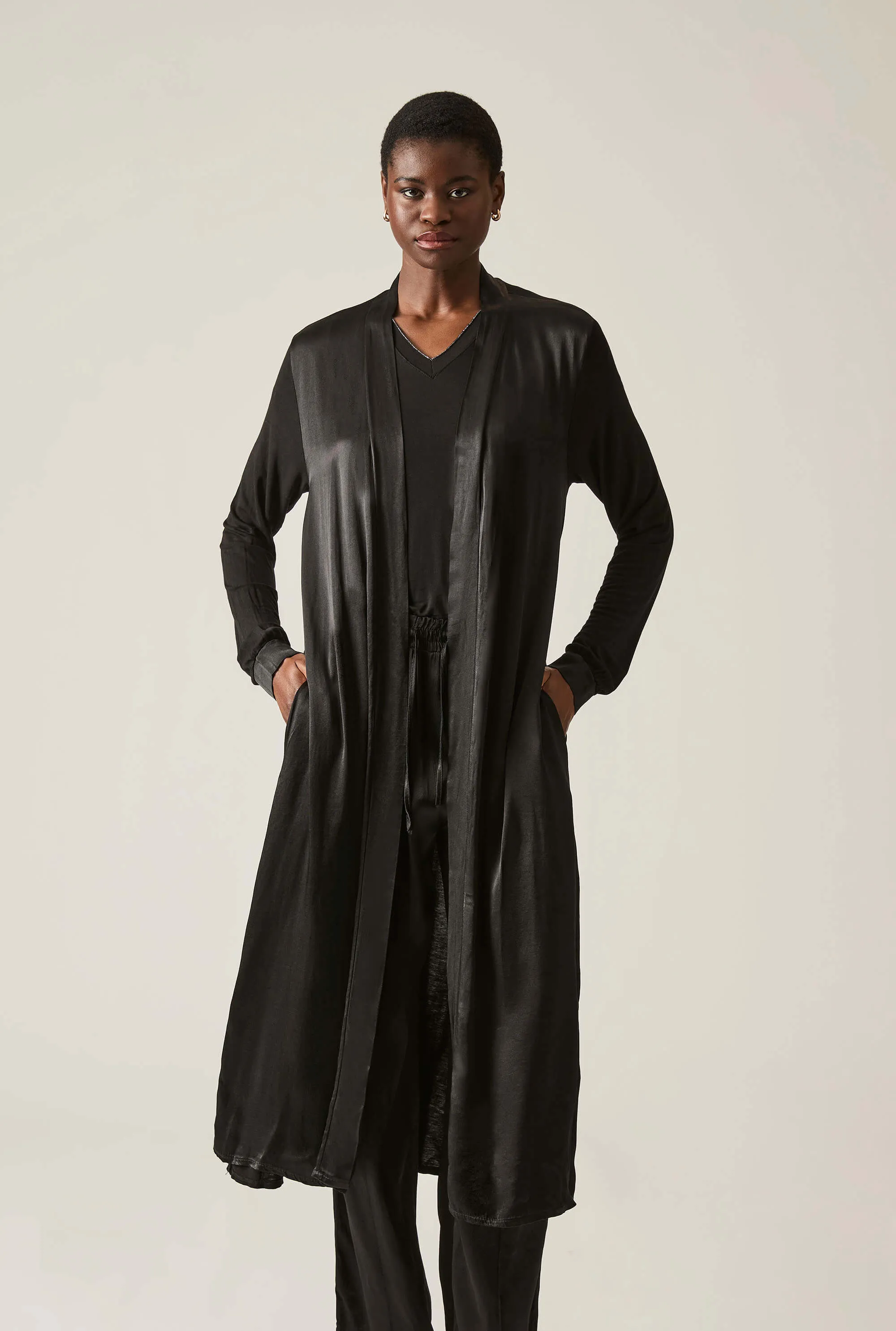 Long Satin Black Cardigan