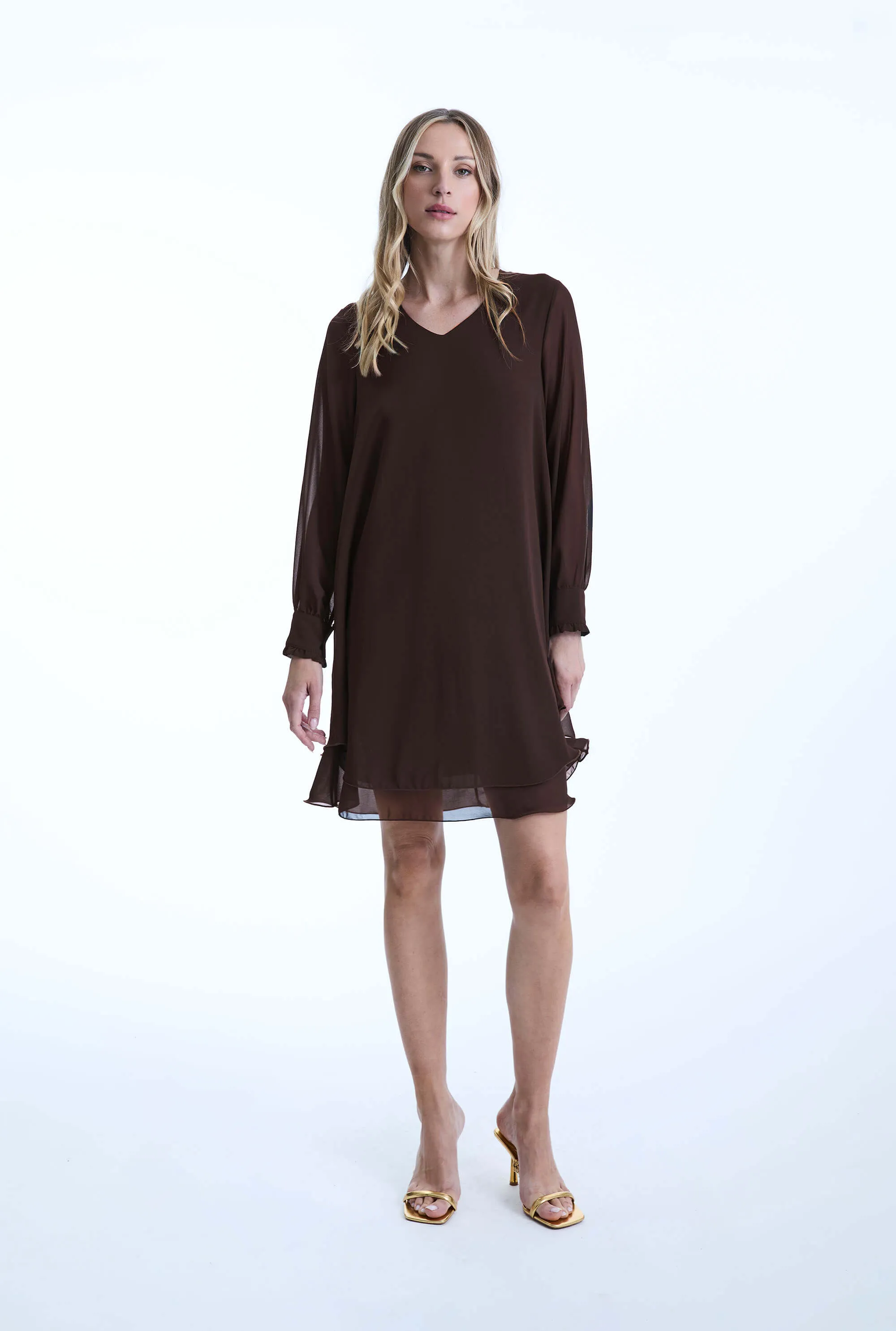 Long Sleeve Brown Wave Hem Dress