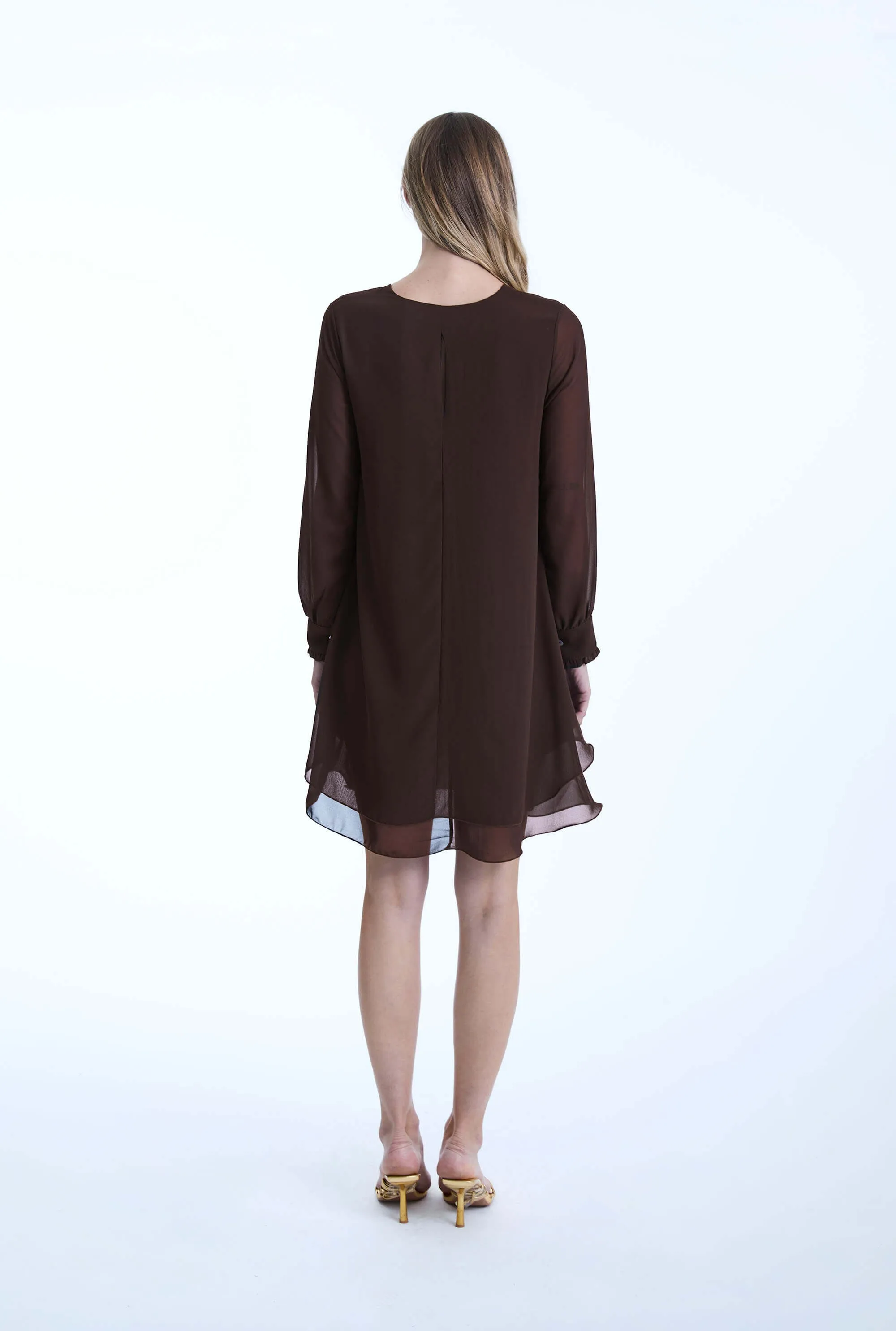 Long Sleeve Brown Wave Hem Dress