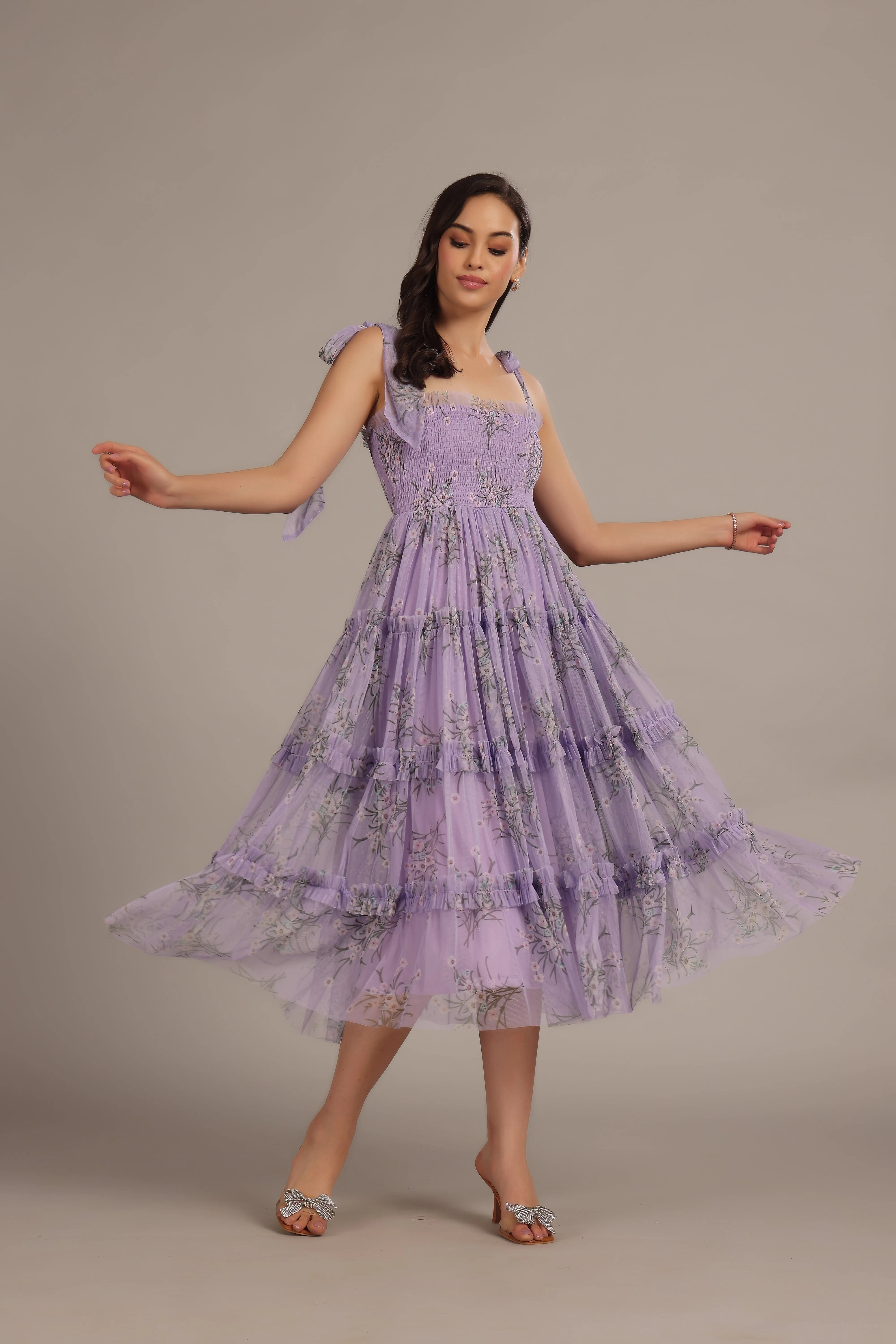 Louise Midi Dress in Lilac Floral