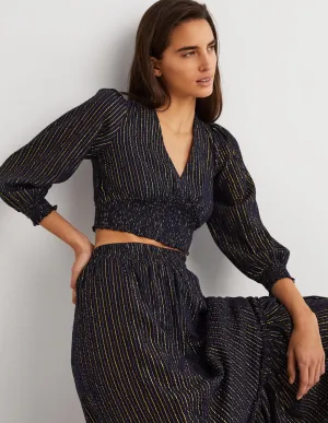 Lurex Smocked Crop Top-Navy. Lurex Stripe
