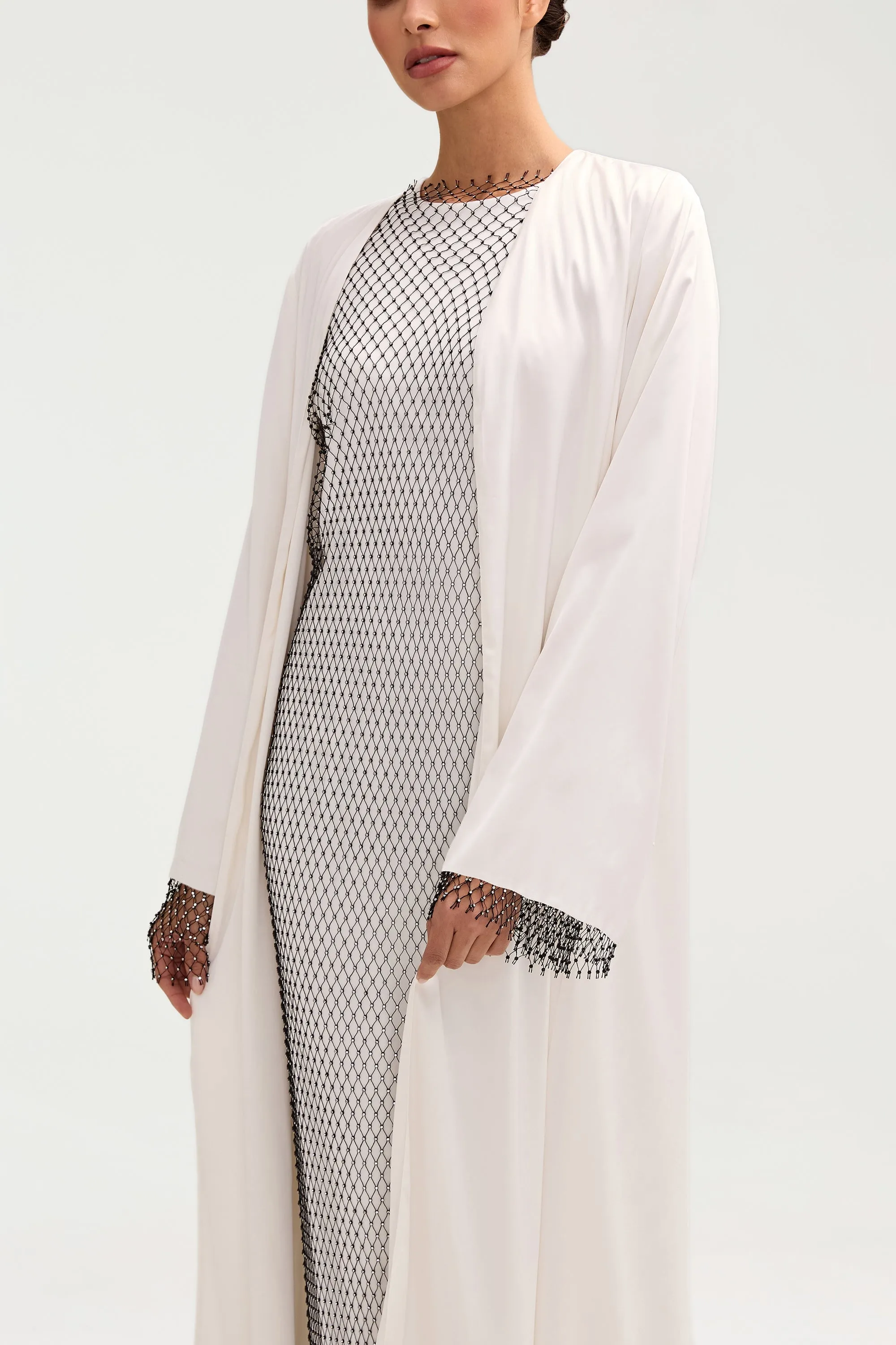 Lyana Crystal Satin Abaya - White