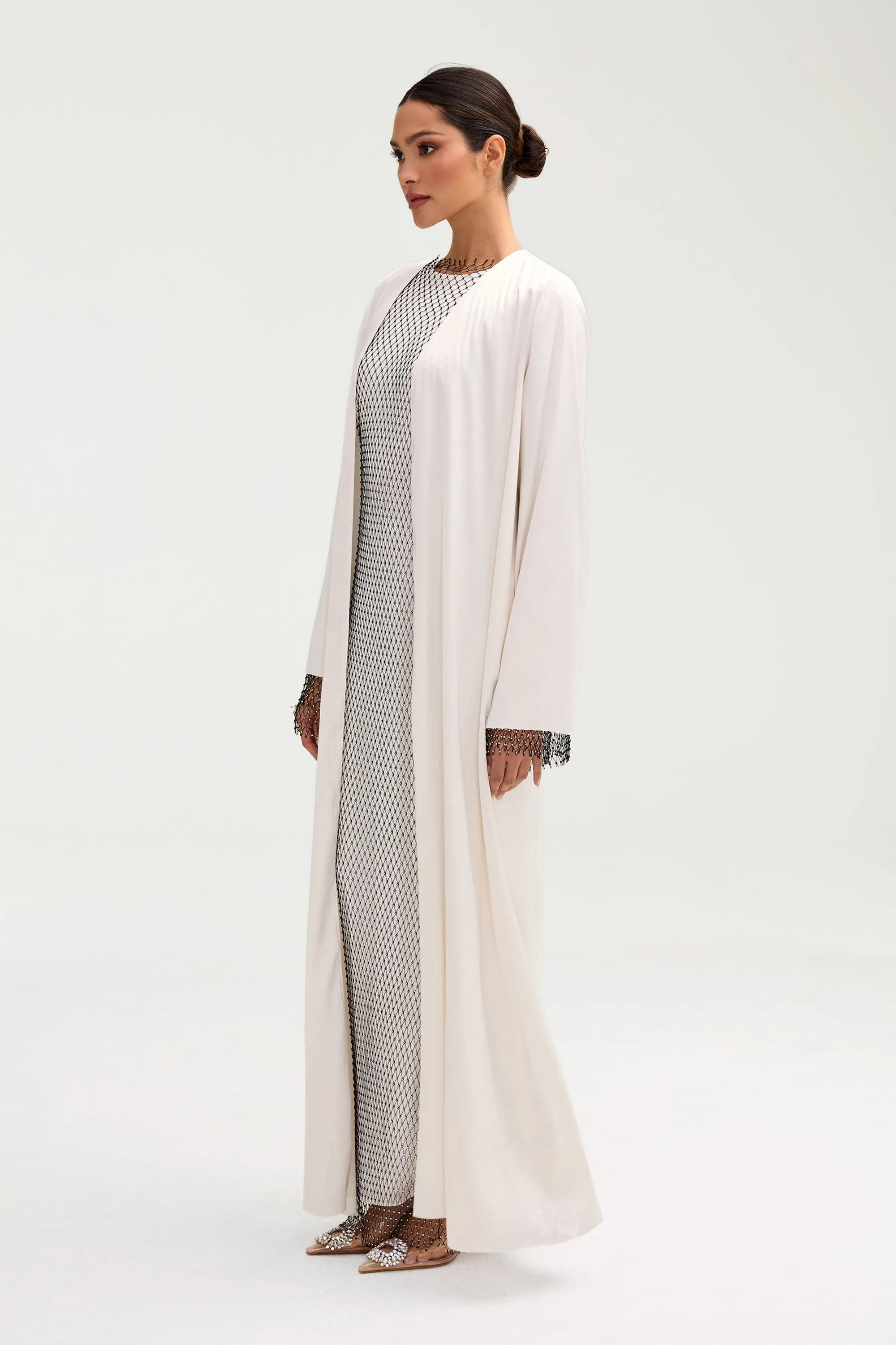 Lyana Crystal Satin Abaya - White