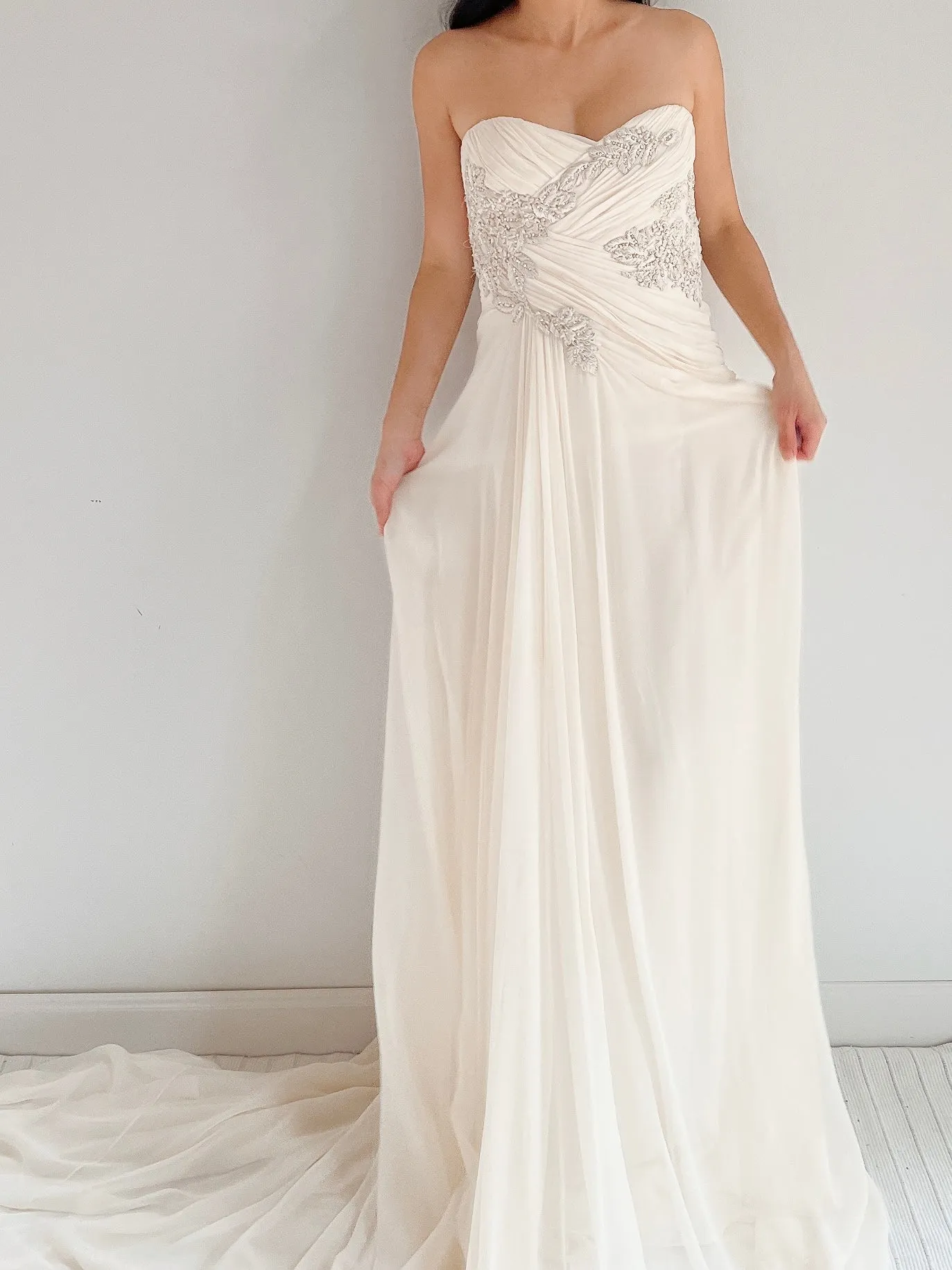 Marchesa Ivory Silk Chiffon Draped Gown - M/L 10