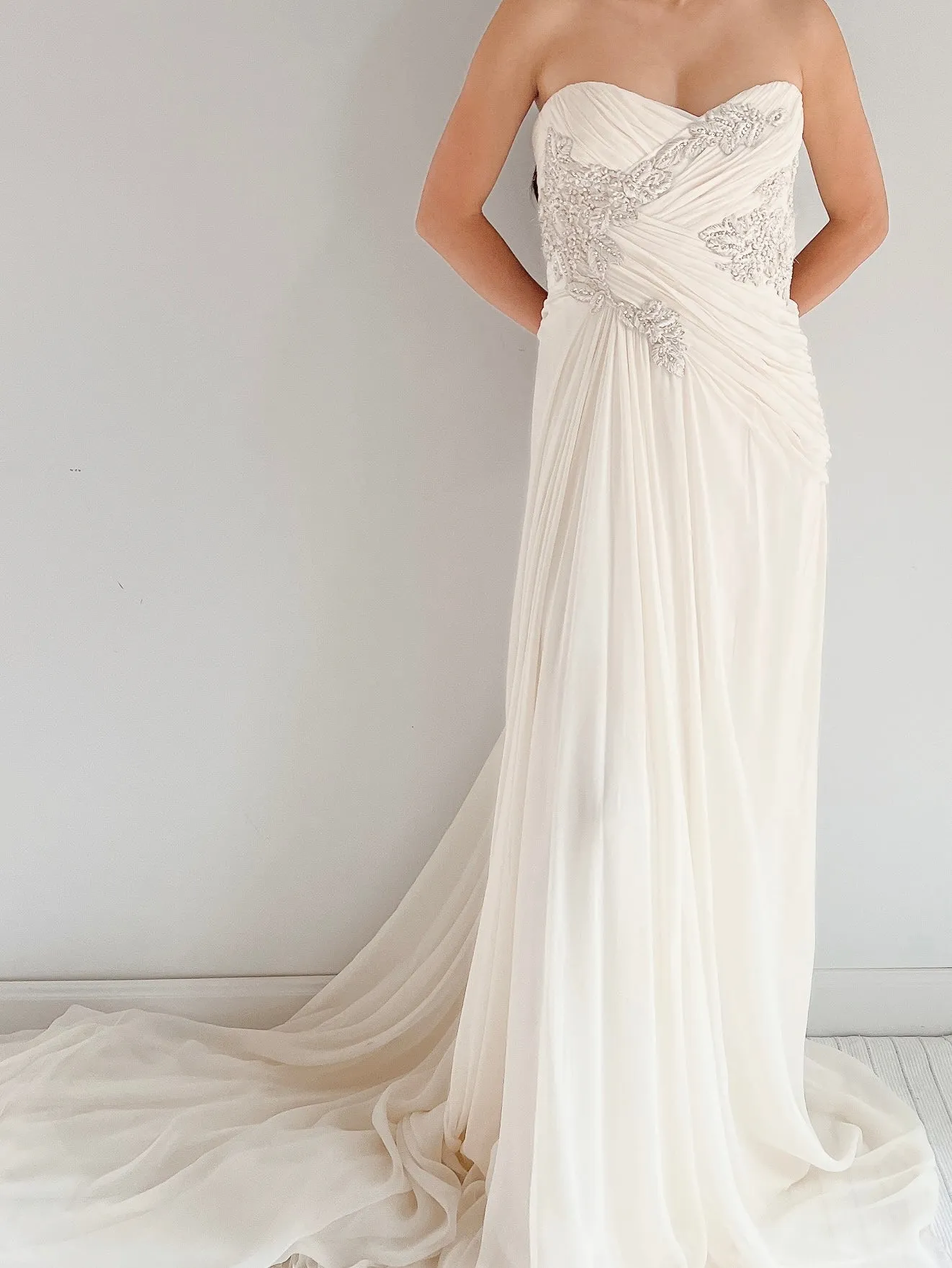 Marchesa Ivory Silk Chiffon Draped Gown - M/L 10
