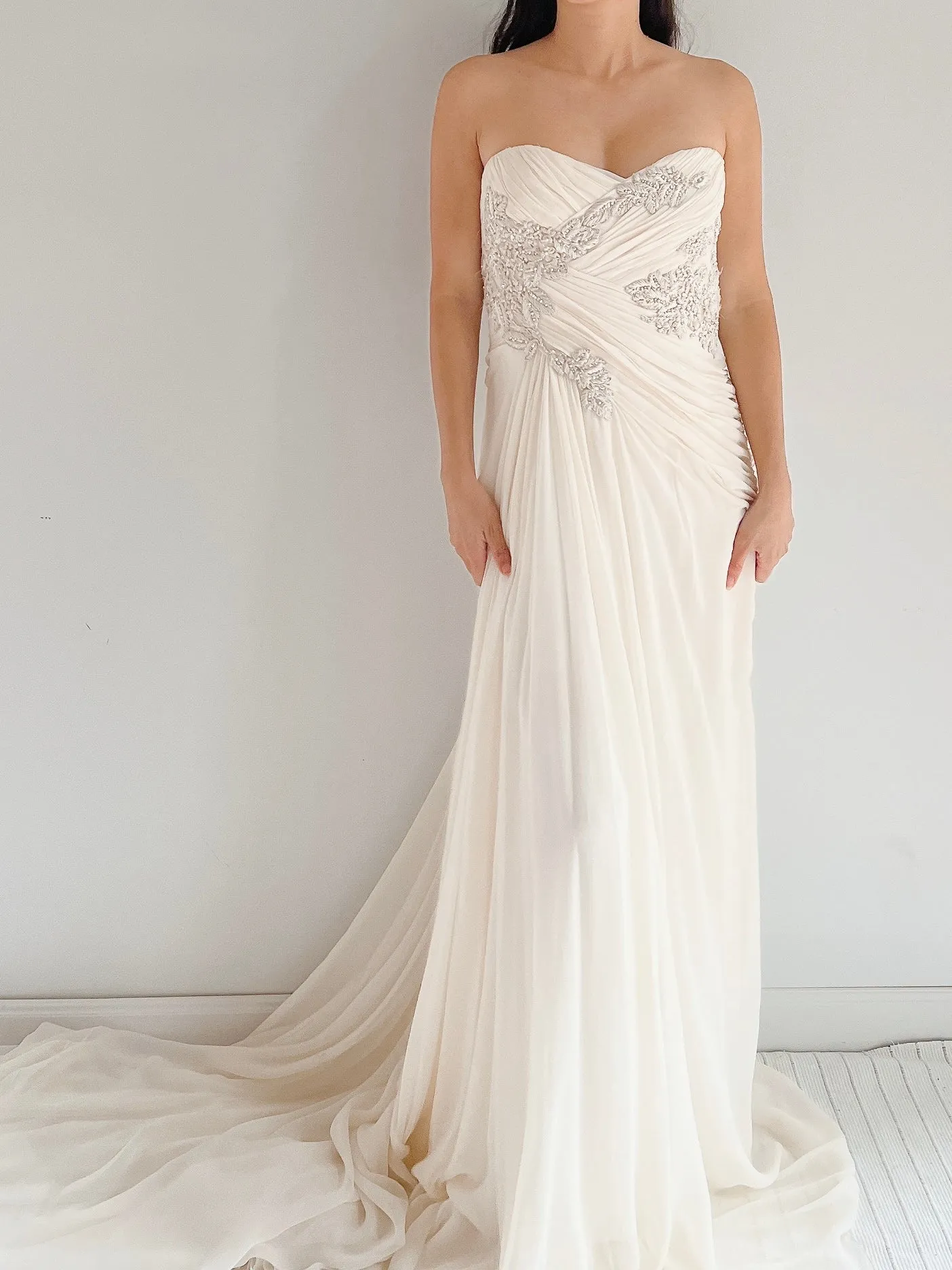 Marchesa Ivory Silk Chiffon Draped Gown - M/L 10