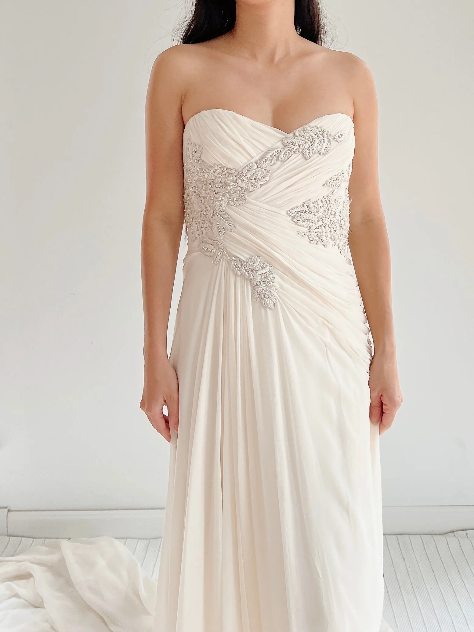 Marchesa Ivory Silk Chiffon Draped Gown - M/L 10