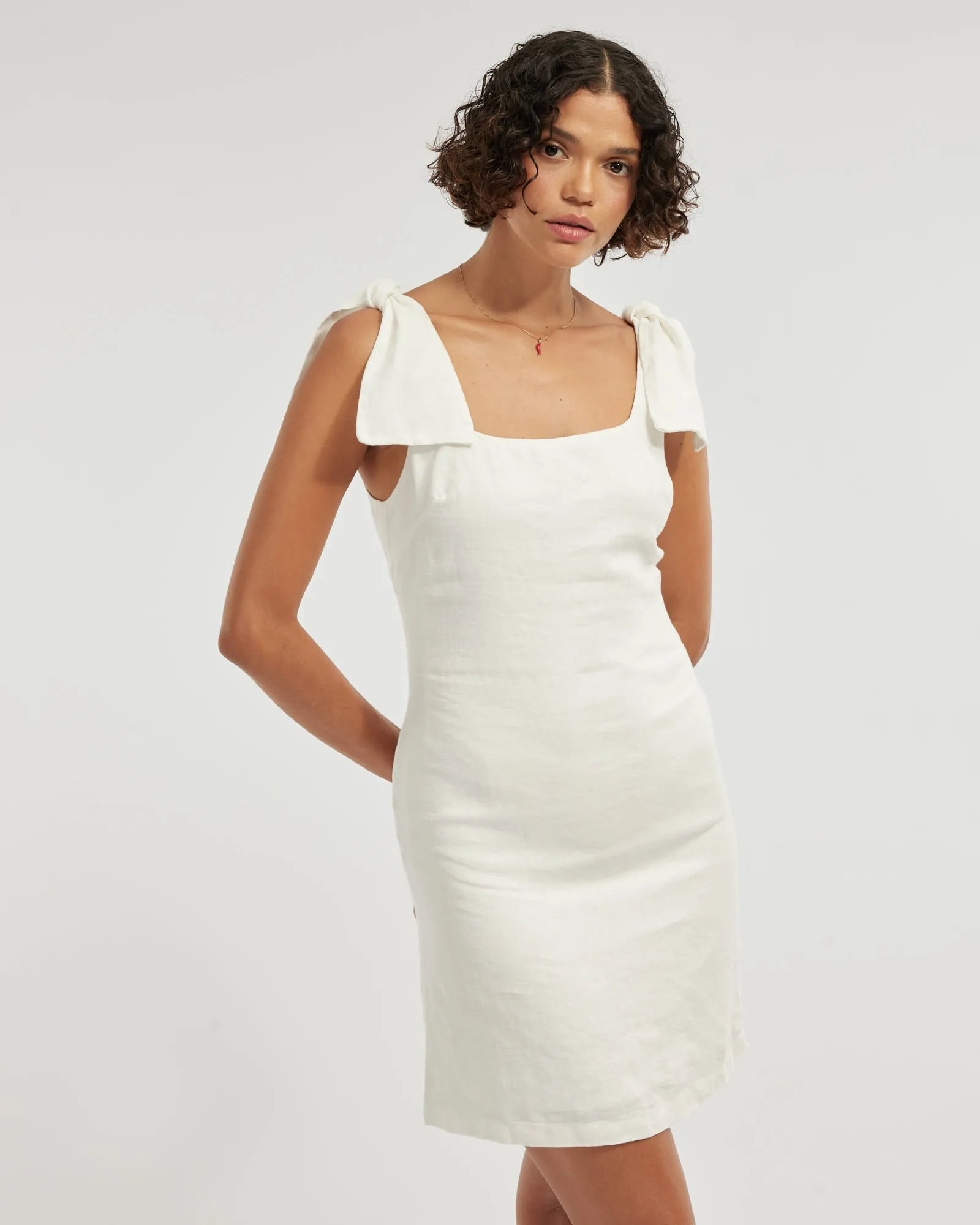 Mavie Bow Linen Mini Dress - White