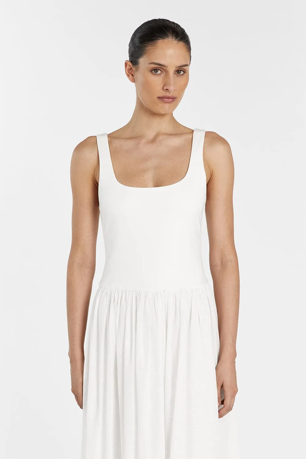 MON WHITE SCOOP NECK MIDI DRESS