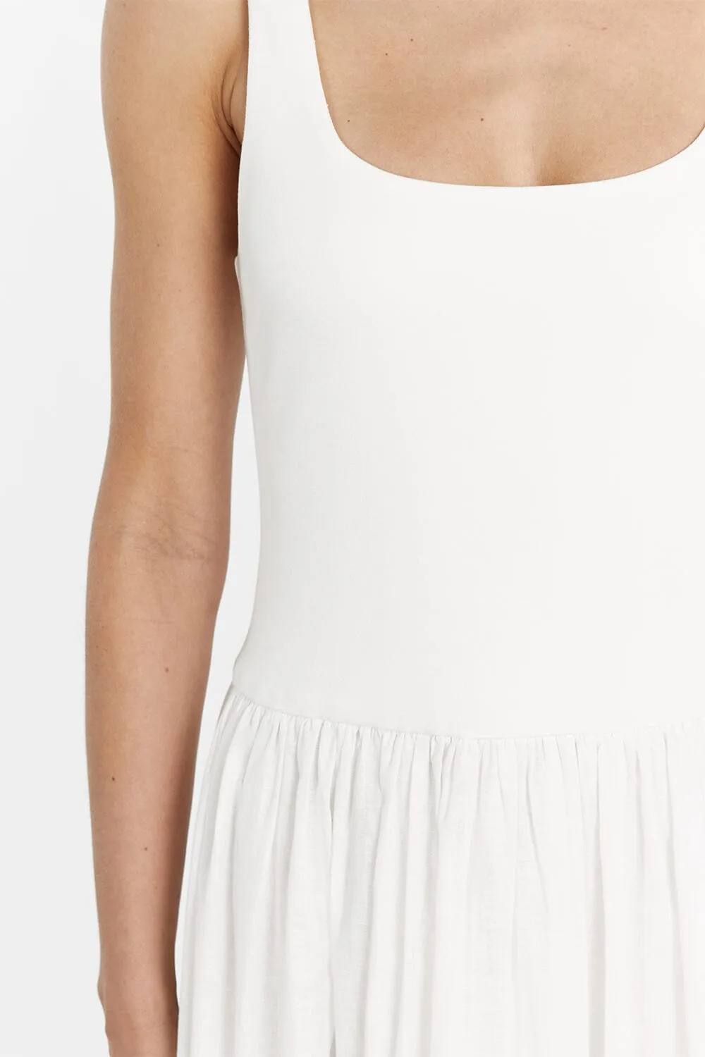 MON WHITE SCOOP NECK MIDI DRESS