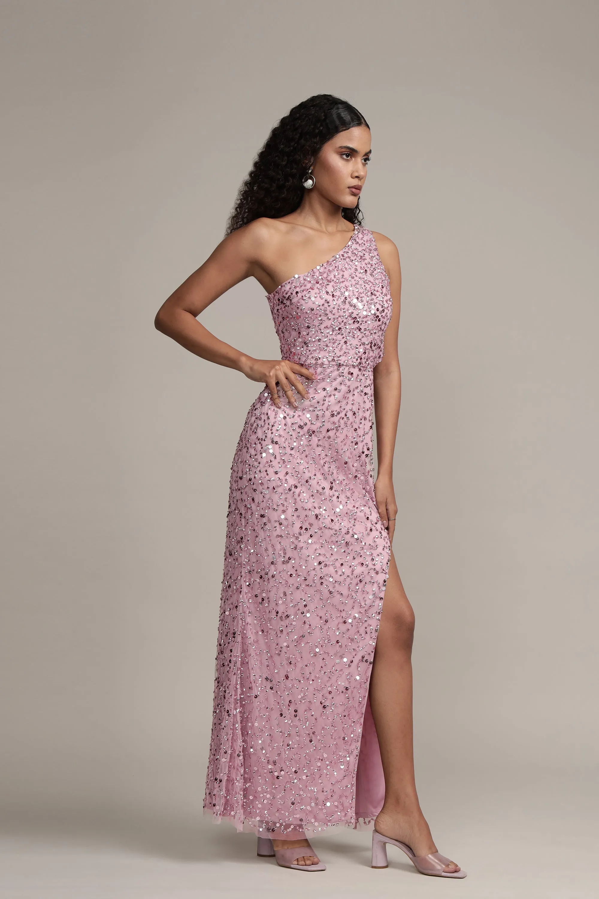 Naeve One Shoulder Sequin Dress in Pink
