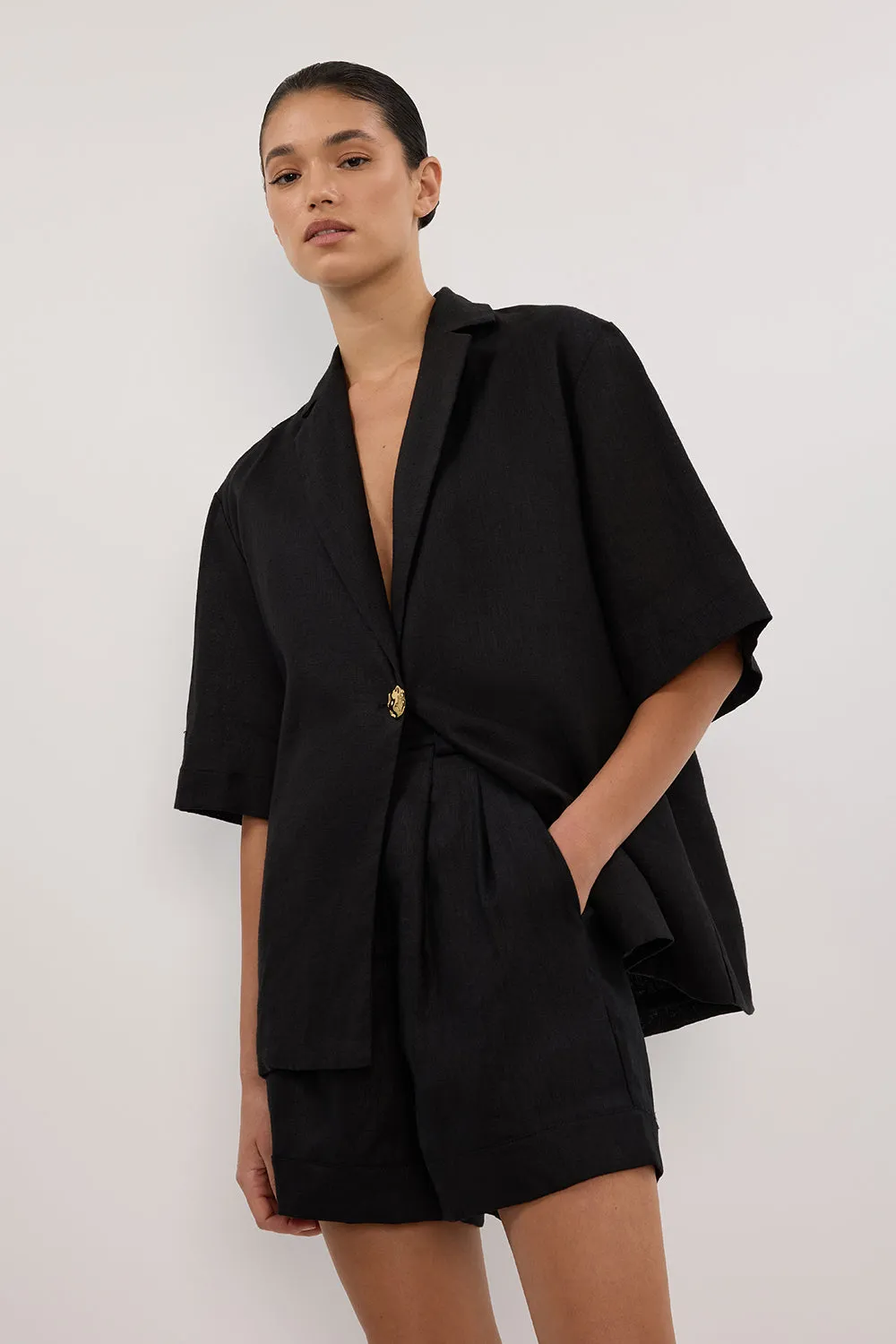 NALA BLACK LINEN RESORT SHIRT
