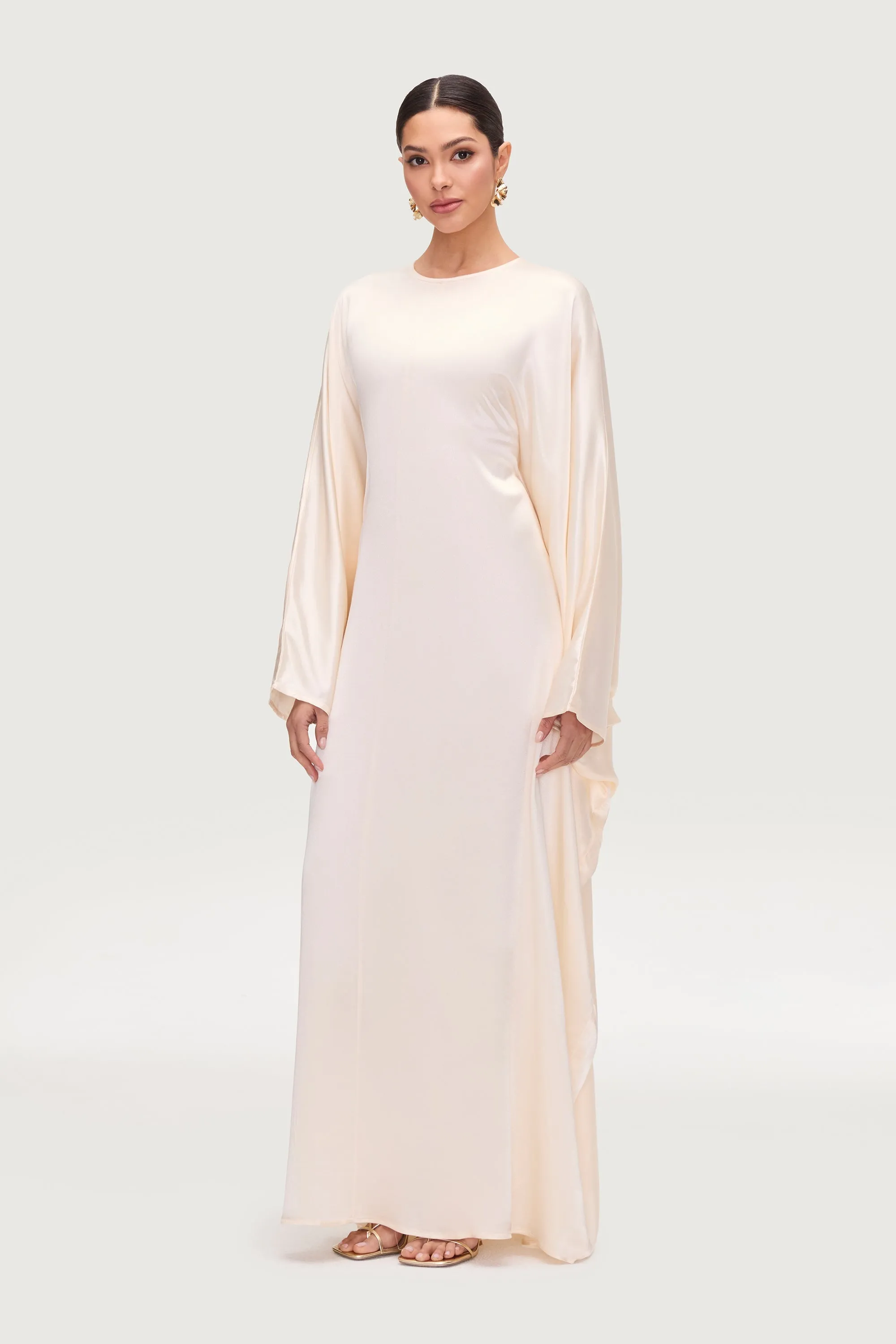 Nayla Silk Butterfly Inner Tie Abaya Dress - Pearl
