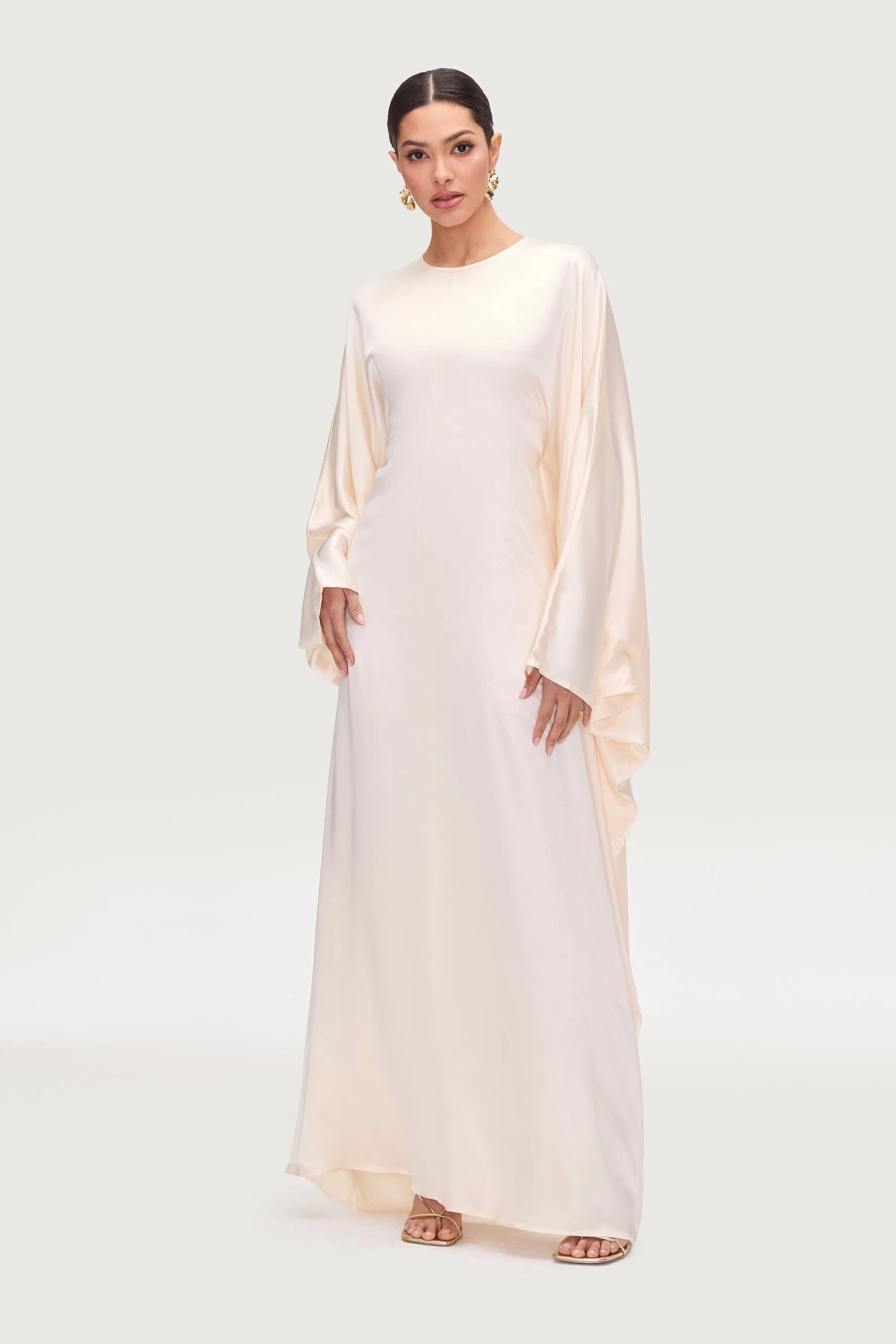 Nayla Silk Butterfly Inner Tie Abaya Dress - Pearl